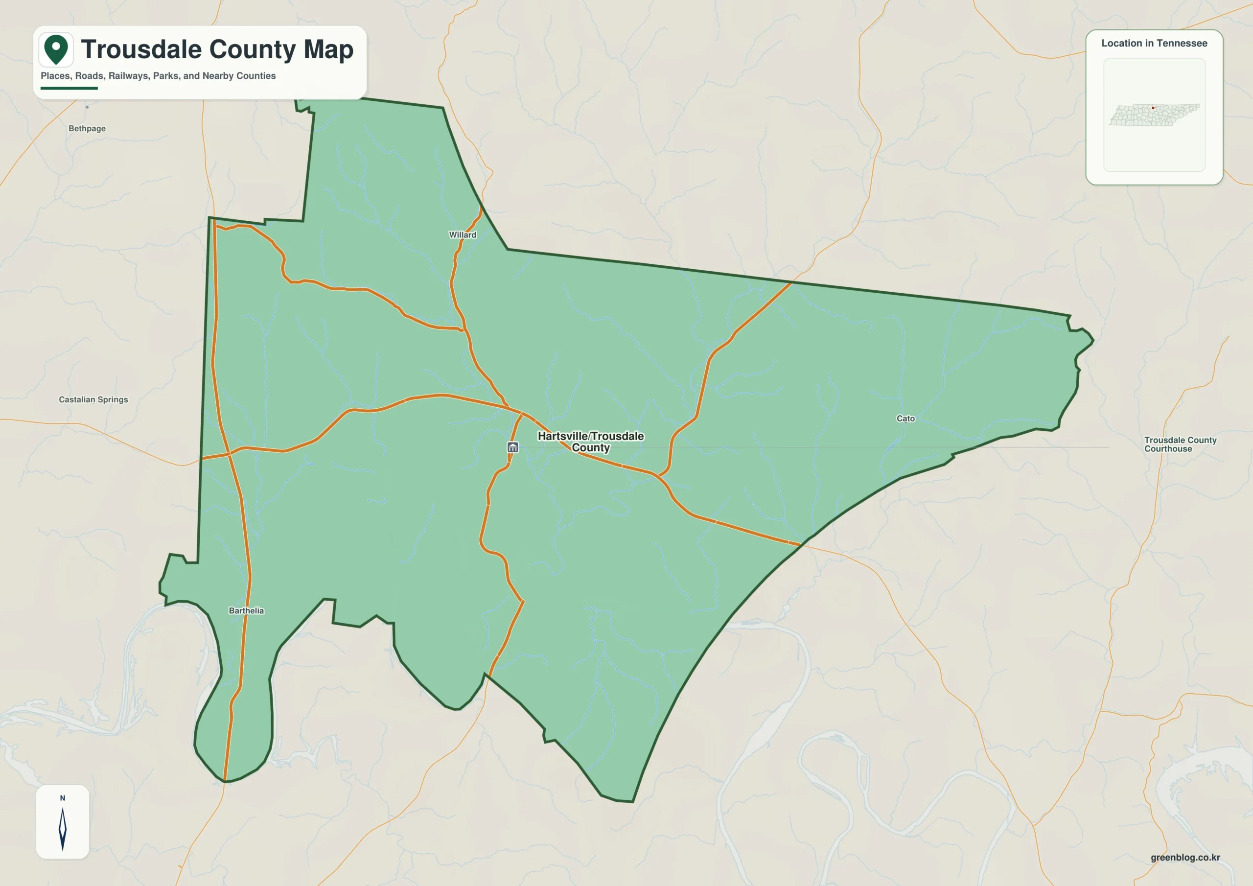 Trousdale County Tennessee map showing Hartsville, selected communities, roads, and natural features