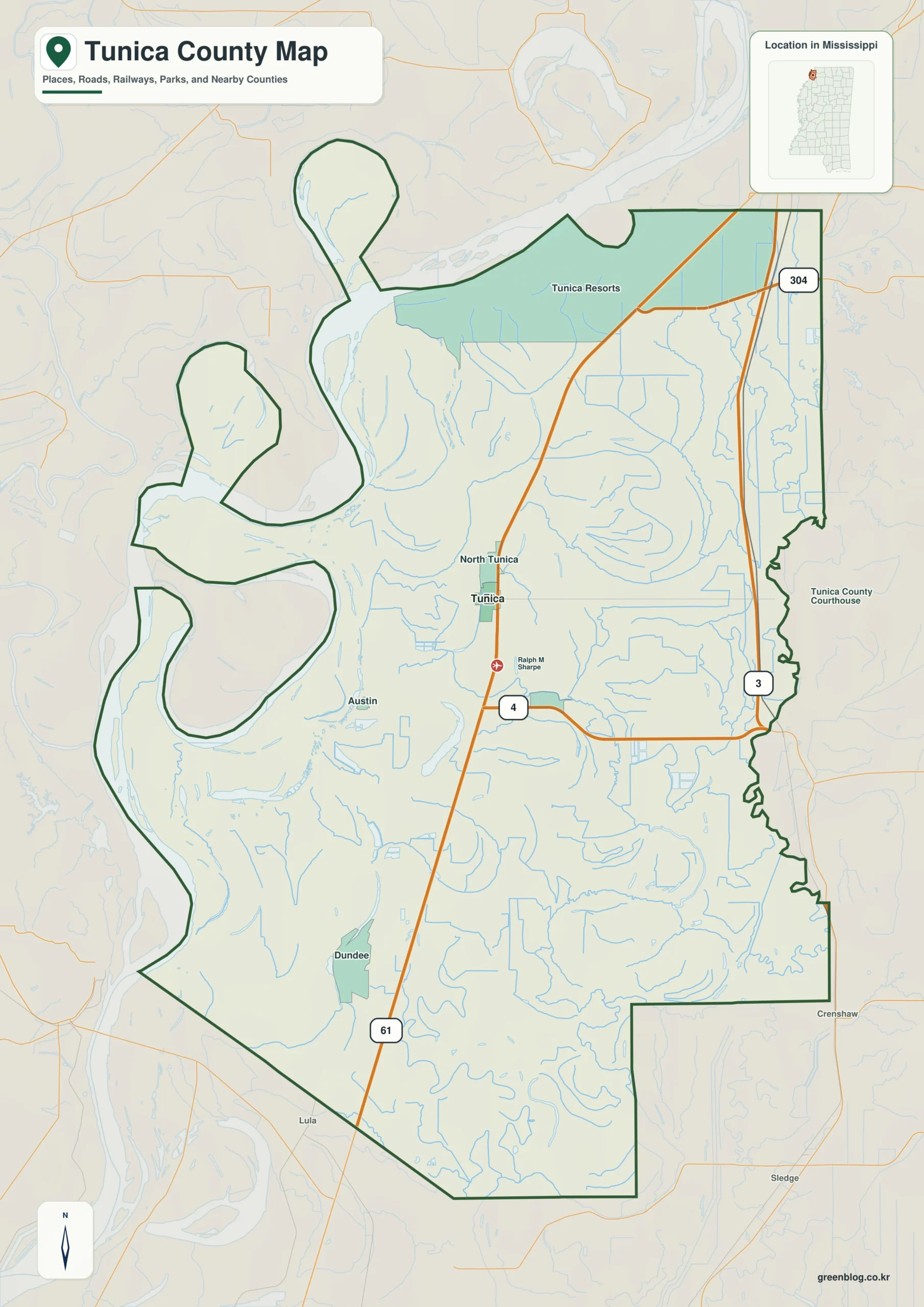 Tunica County Mississippi map showing Tunica, selected communities, roads, and landscape features