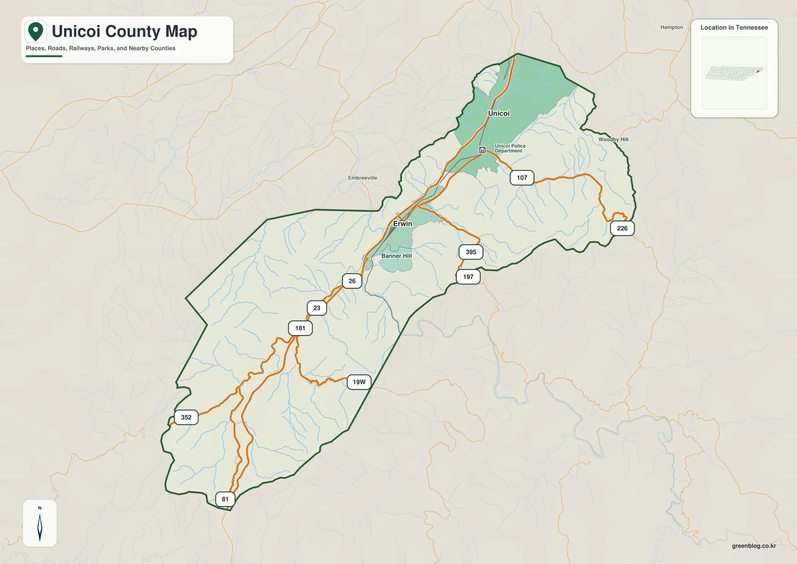Unicoi County Tennessee map showing Erwin, selected communities, roads, and natural features