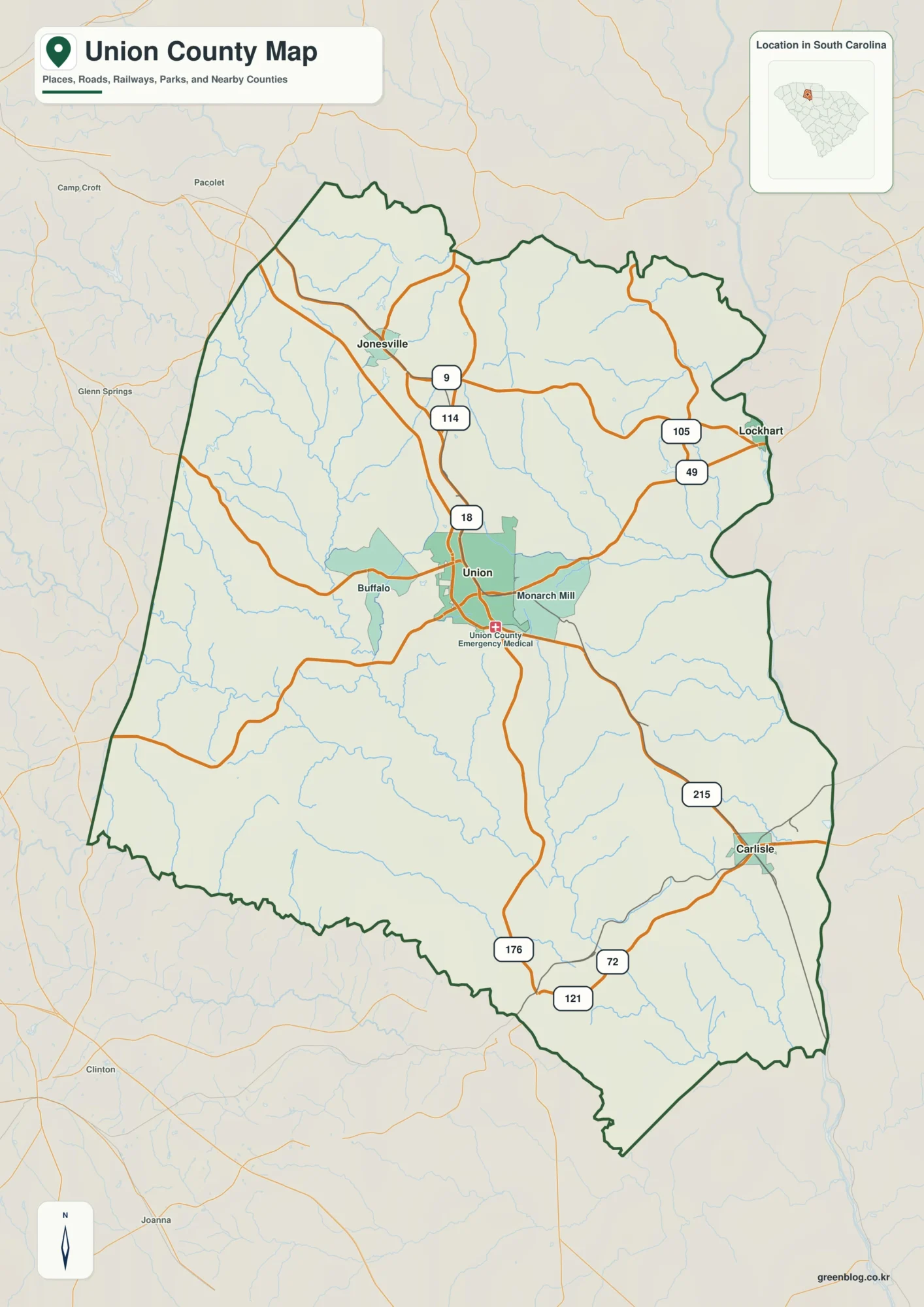 Union County South Carolina map with the county boundary and reference names for Union and Jonesville
