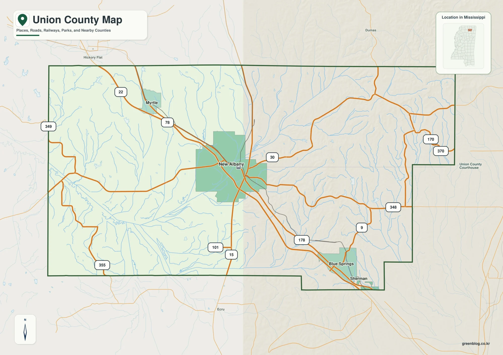Union County Mississippi map showing New Albany, selected communities, roads, and landscape features
