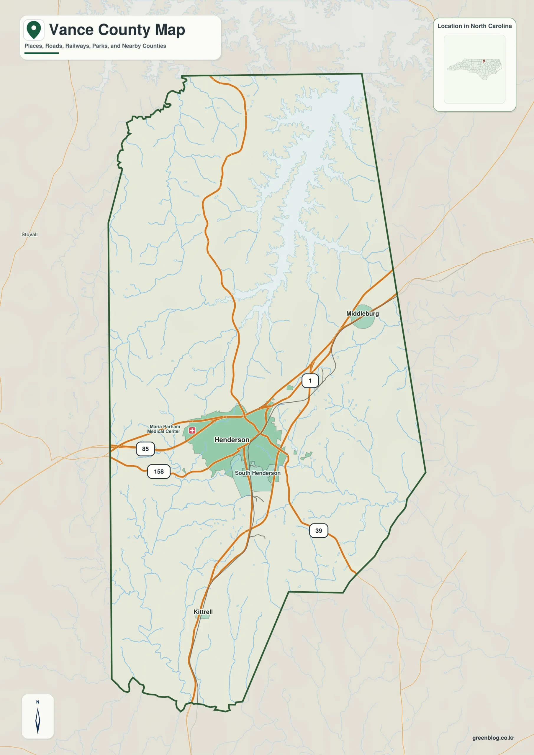 Vance County North Carolina map showing Henderson and Kerr Lake