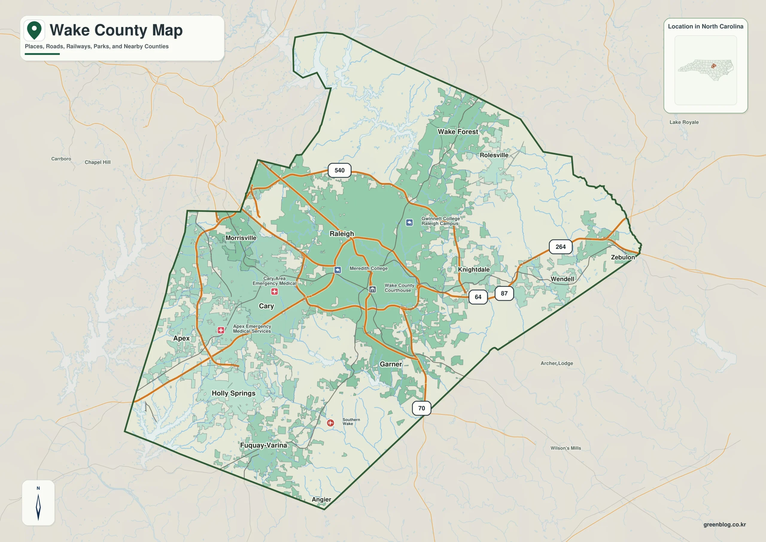 노스캐롤라이나주 웨이크 카운티 지도 롤리 뉴스강 위치