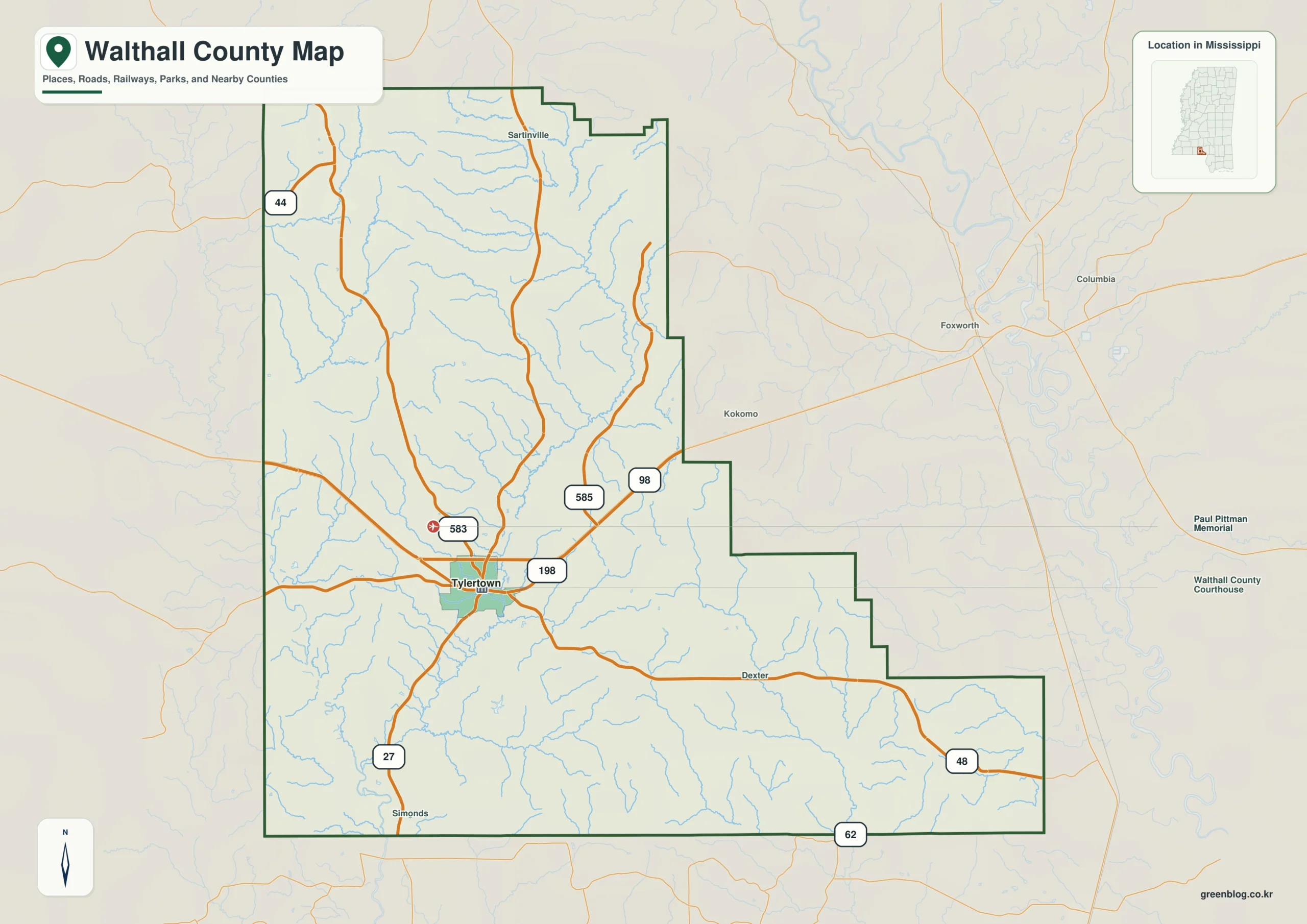 Walthall County Mississippi map showing Tylertown, selected communities, roads, and landscape features