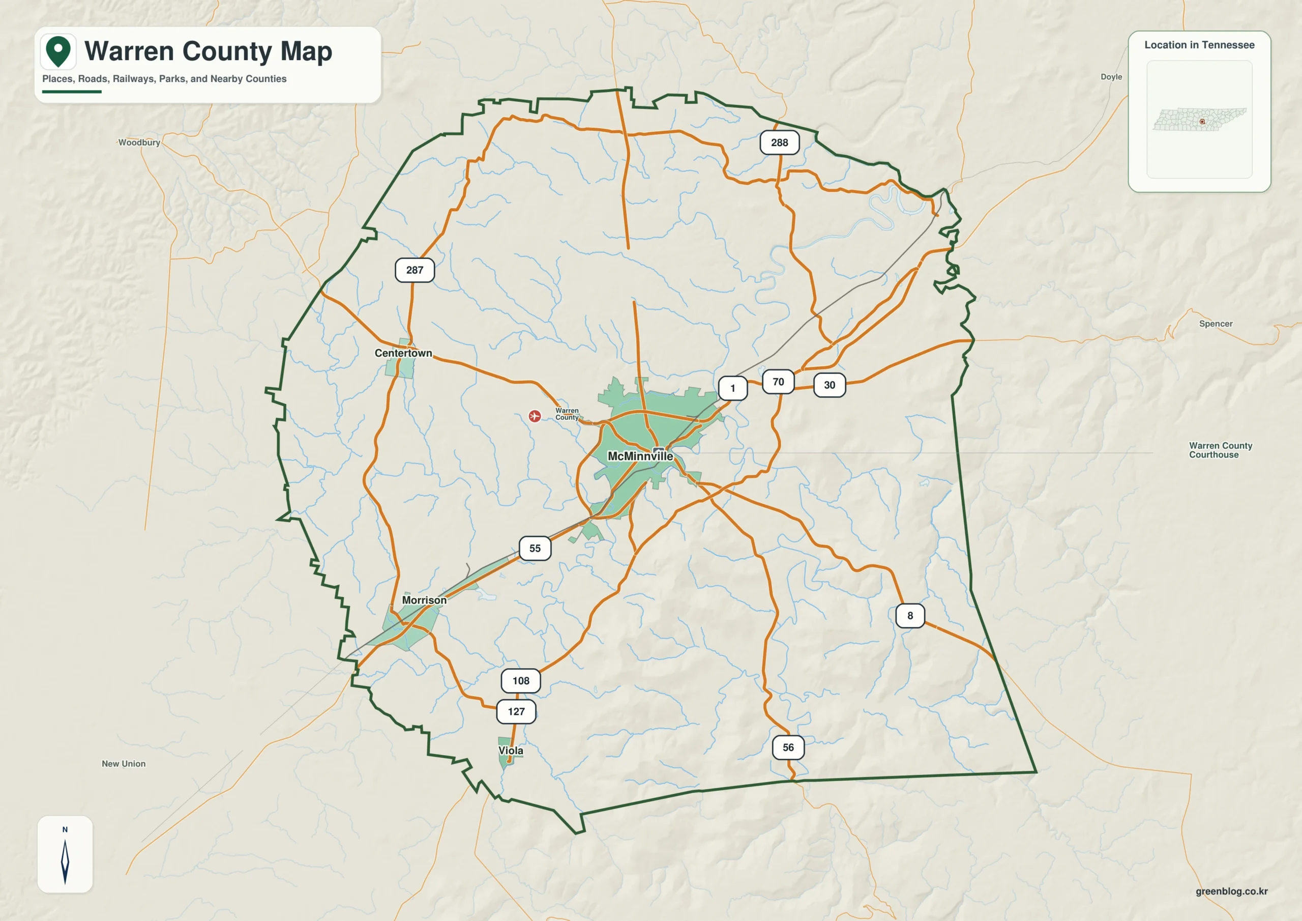 Warren County Tennessee map showing McMinnville, selected communities, roads, and natural features