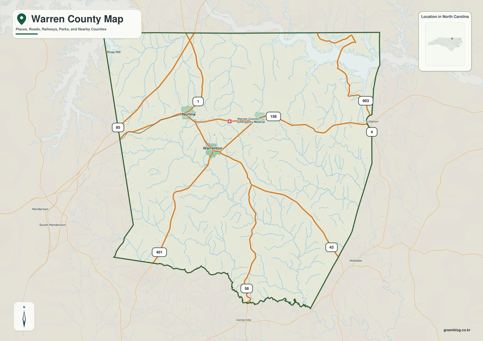Warren County North Carolina map showing Warrenton and Lake Gaston