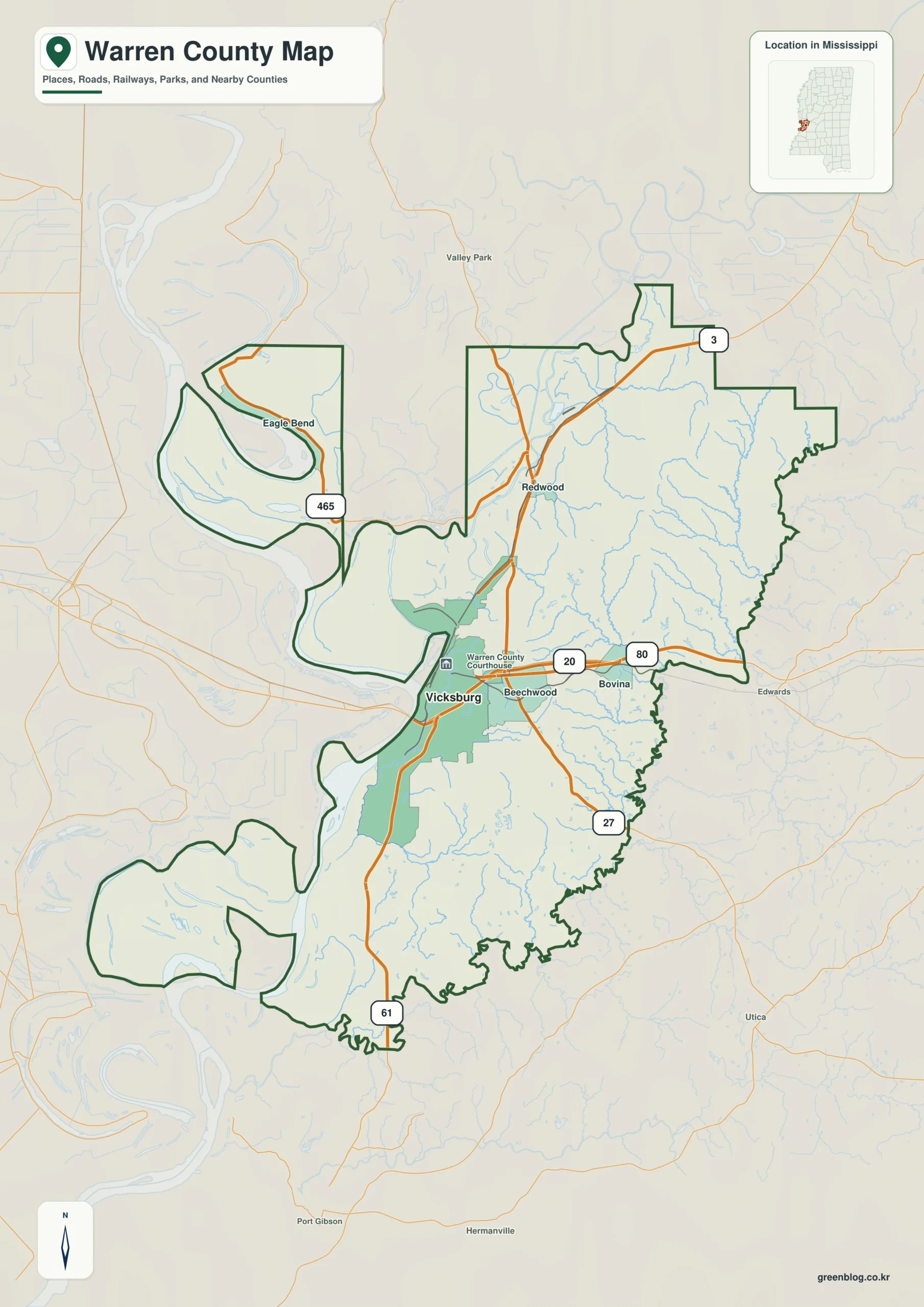 Warren County Mississippi map showing Vicksburg, selected communities, roads, and landscape features