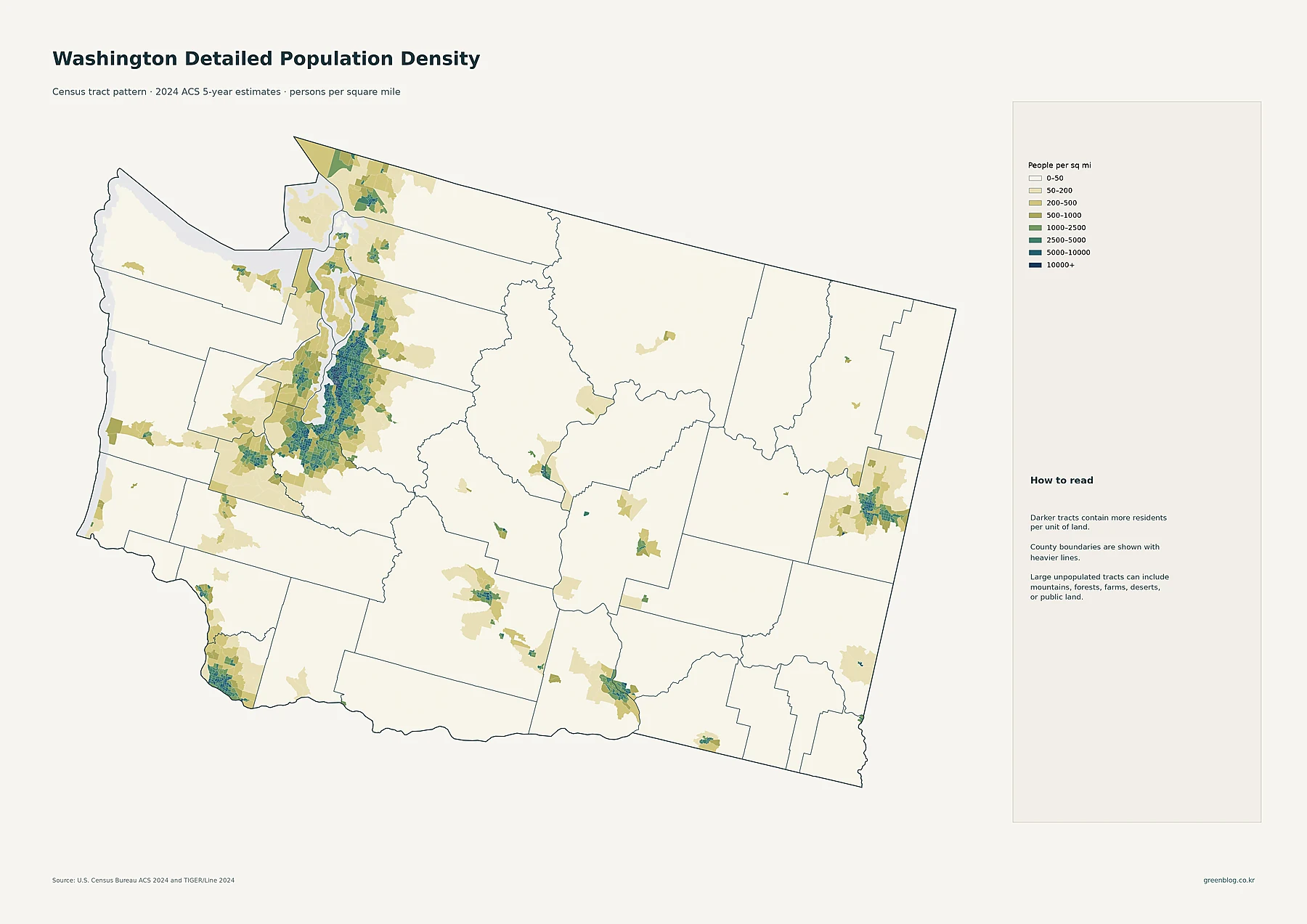 Washington State detailed census tract population density based on 2024 ACS estimates
