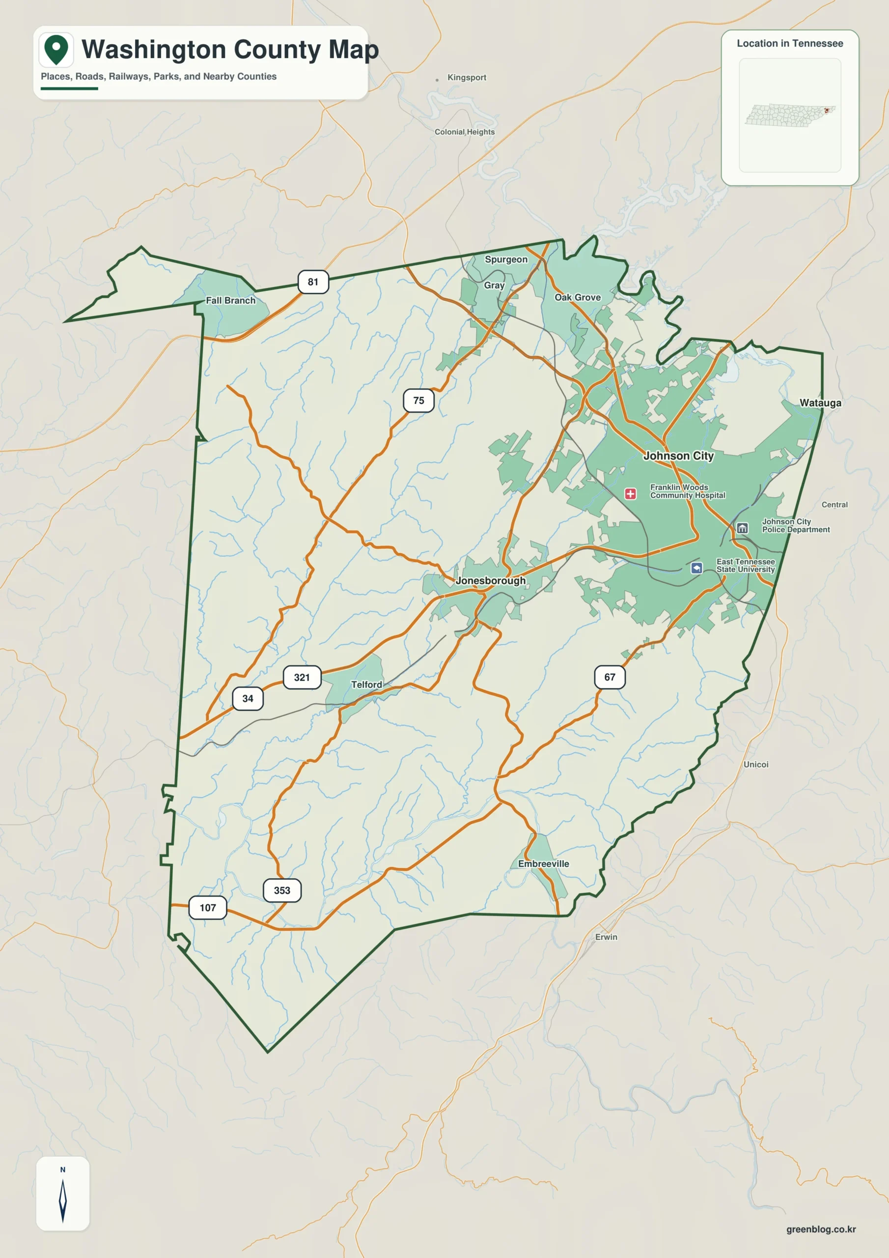 Washington County Tennessee map showing Jonesborough, selected communities, roads, and natural features