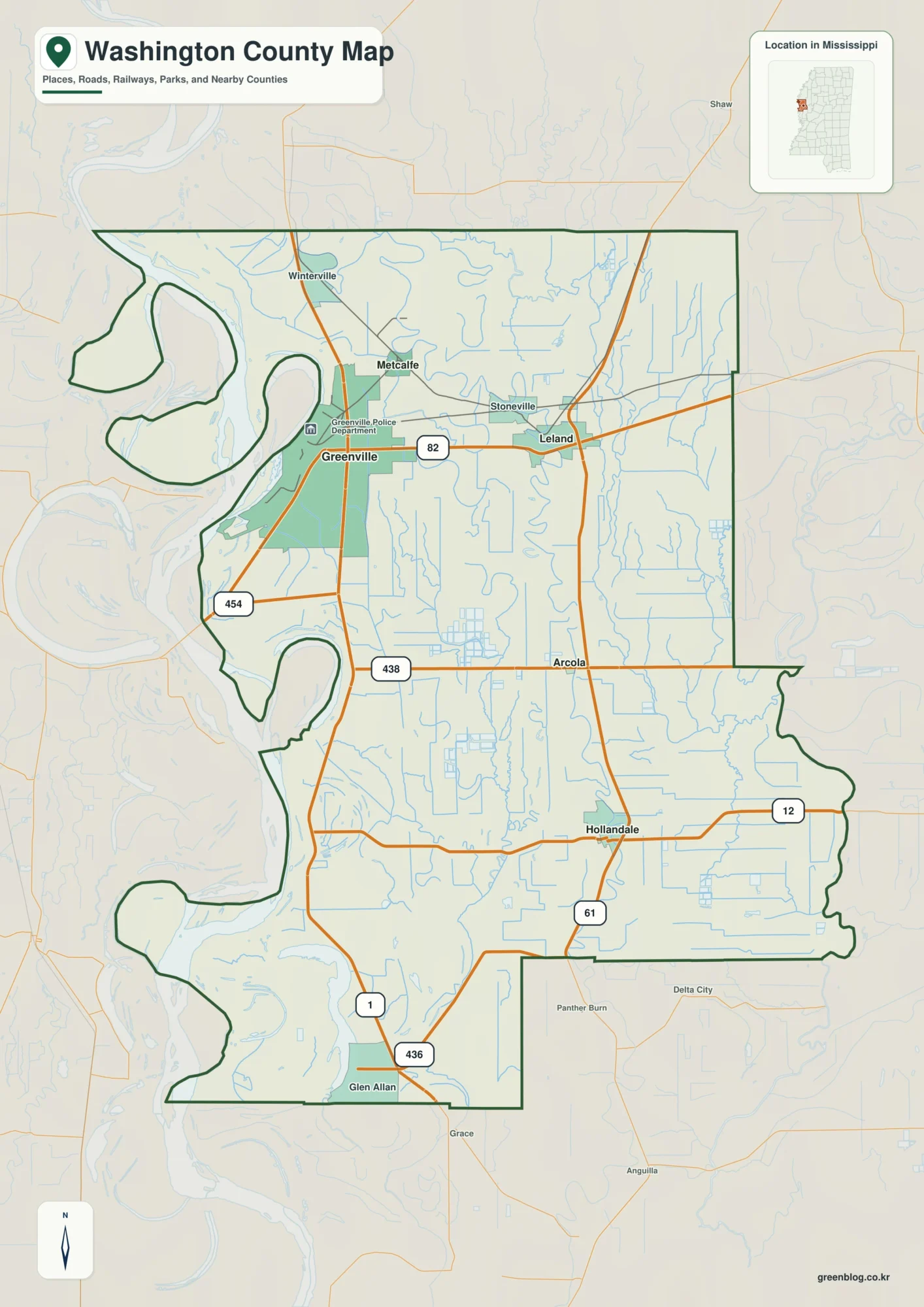 Washington County Mississippi map showing Greenville, selected communities, roads, and landscape features