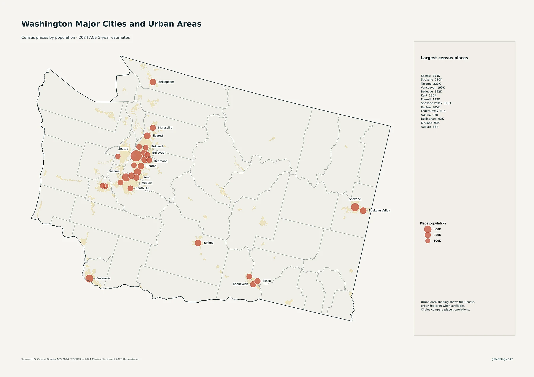 Washington State major cities and urban areas using 2024 ACS place populations