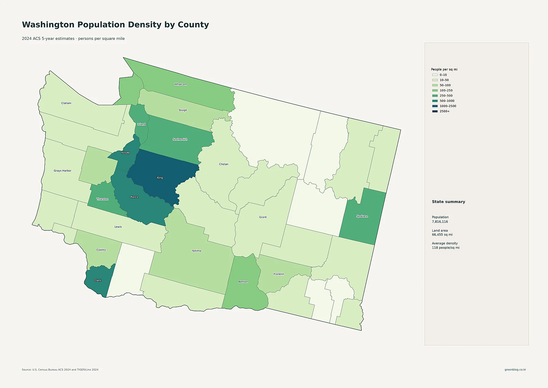 Washington State county population density using 2024 ACS estimates