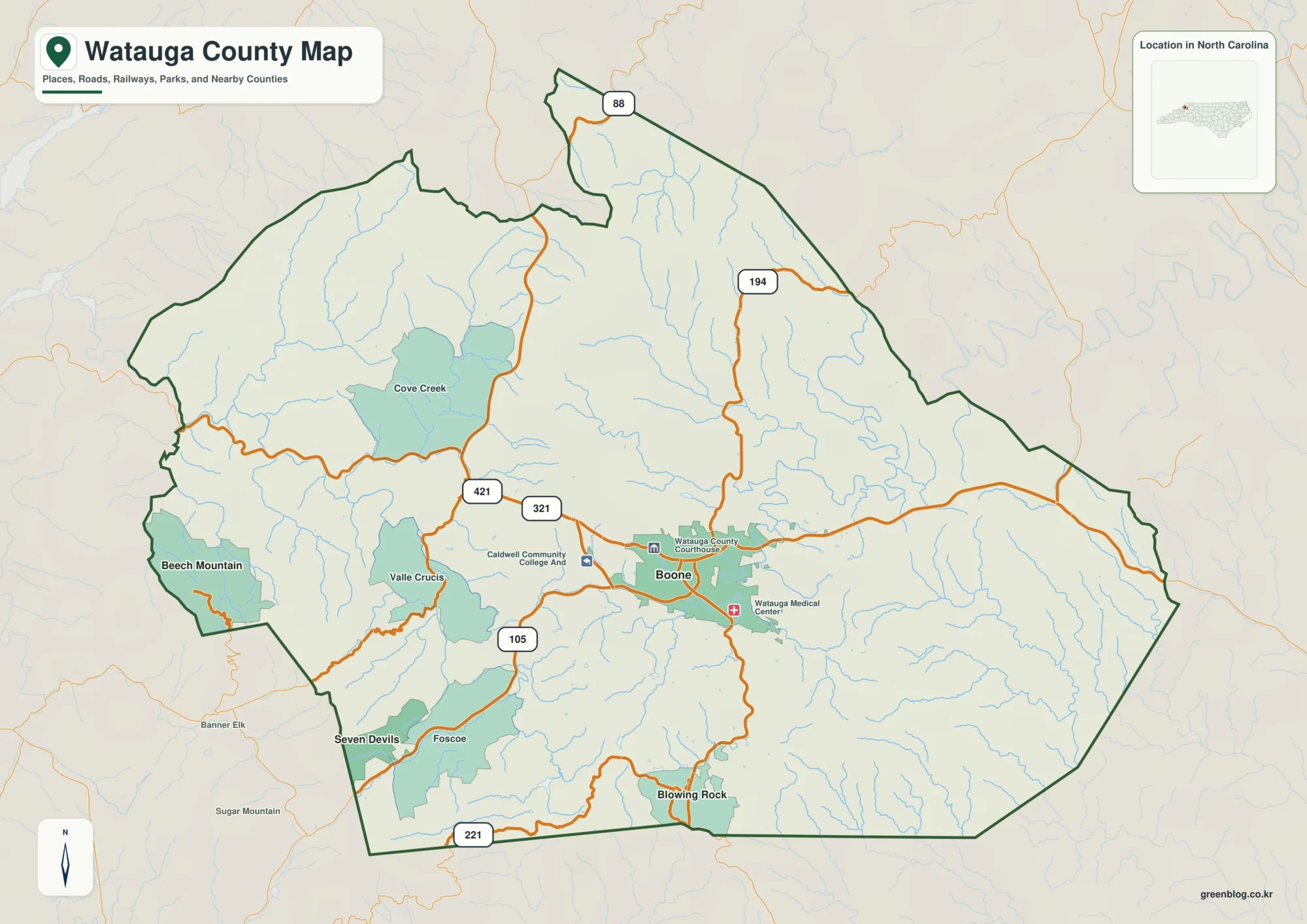 Watauga County North Carolina map showing Boone and New River headwaters
