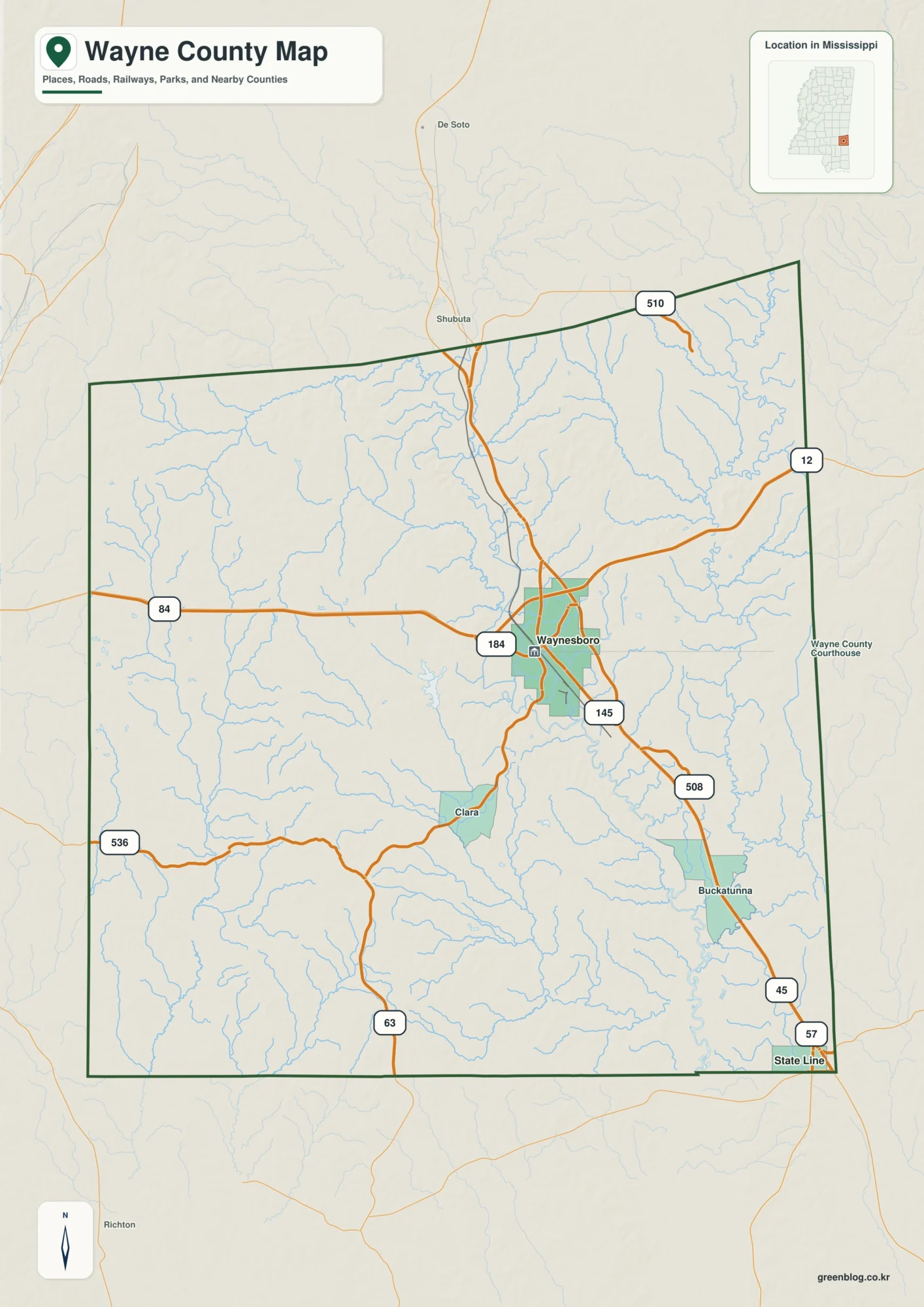 Wayne County Mississippi map showing Waynesboro, selected communities, roads, and landscape features