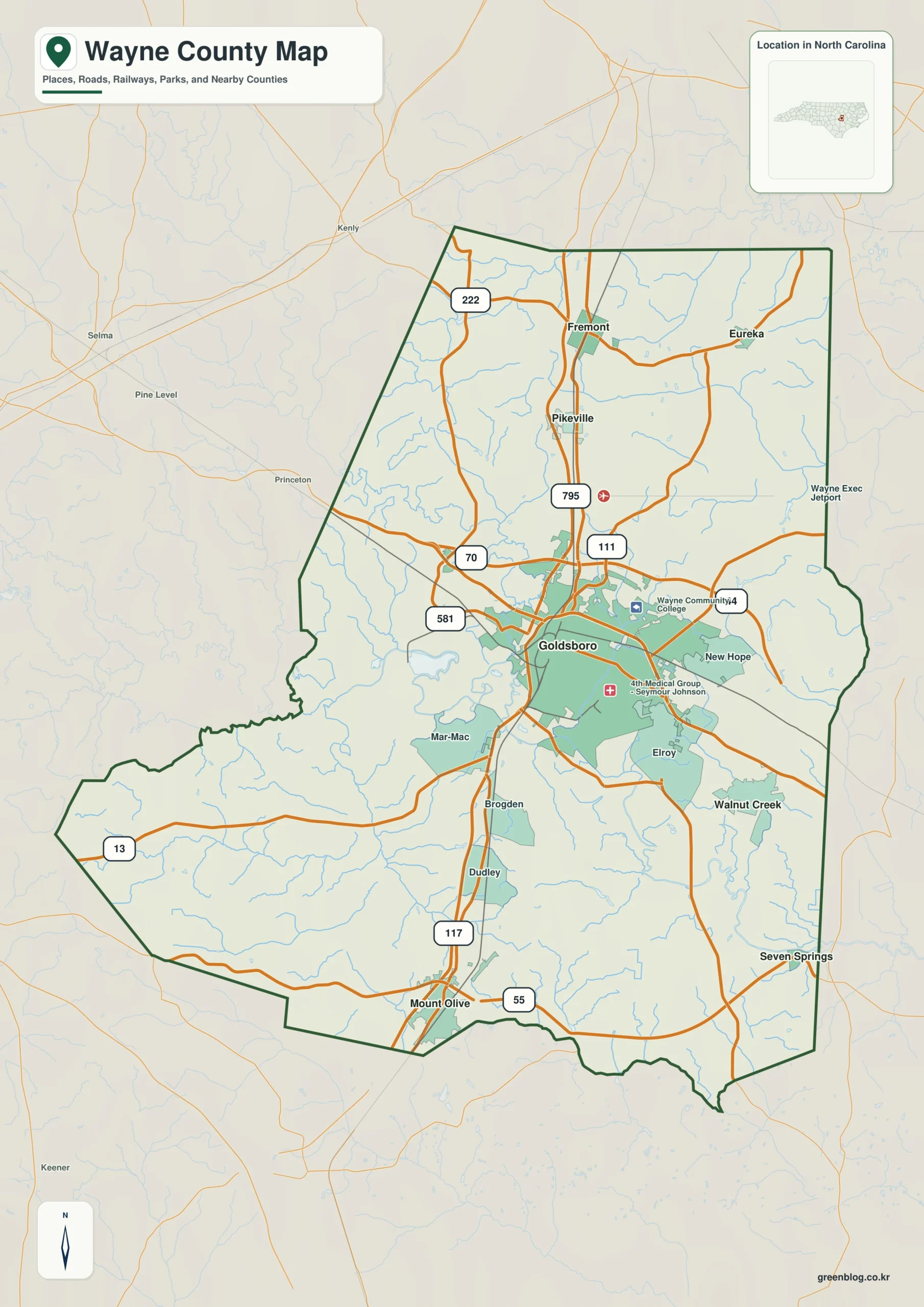 Wayne County North Carolina map showing Goldsboro and Neuse River