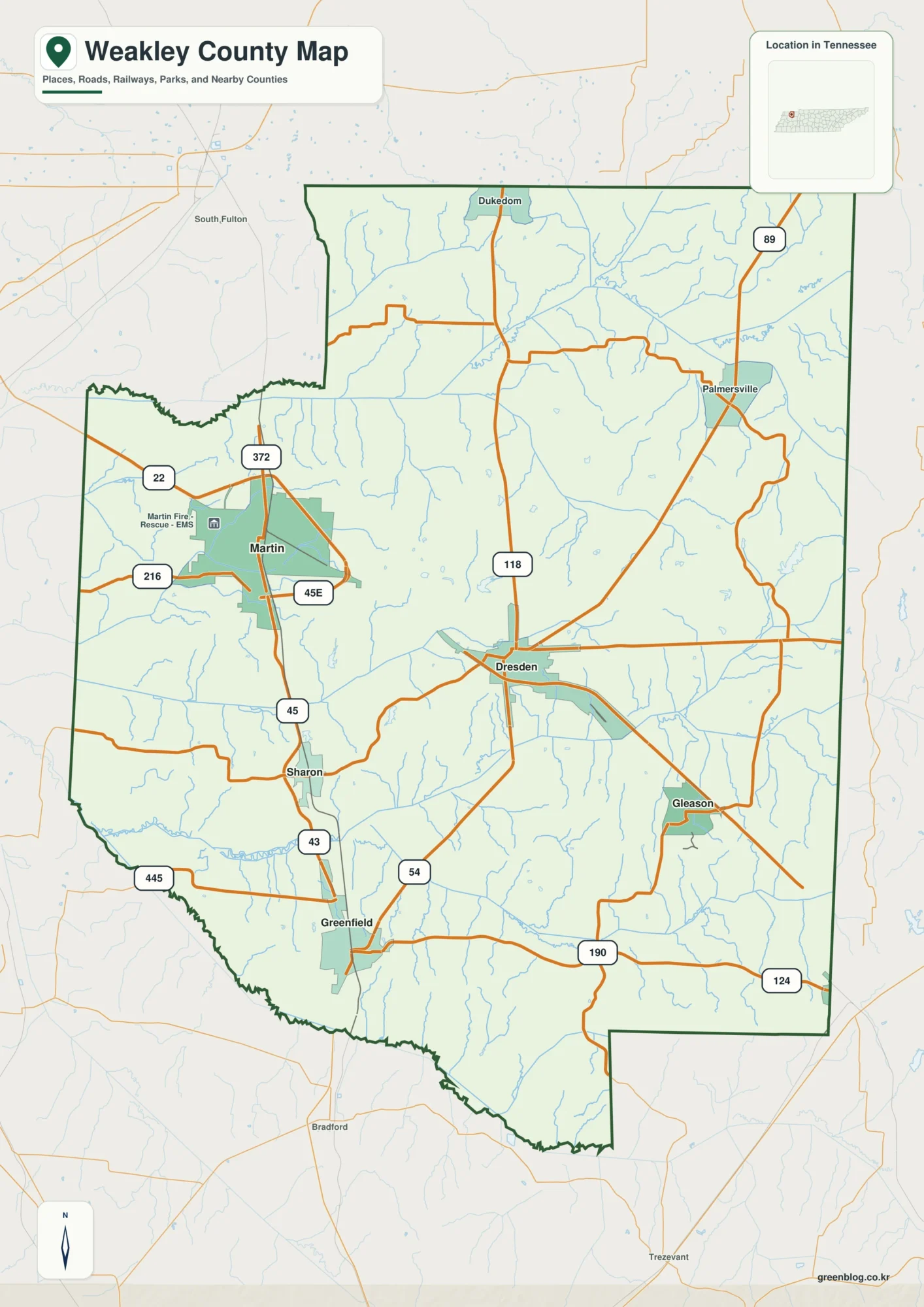 Weakley County Tennessee map showing Dresden, selected communities, roads, and natural features