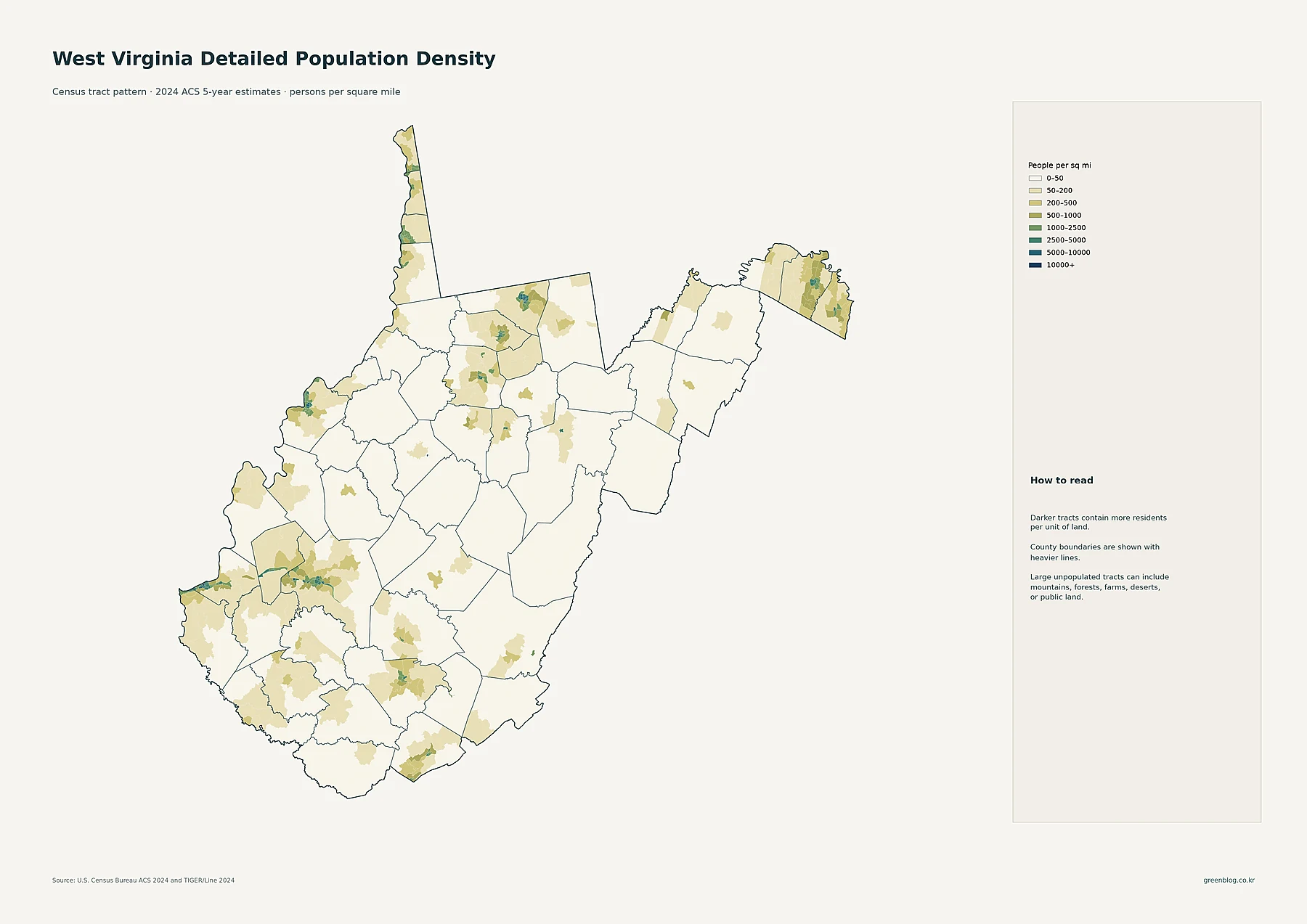 West Virginia 2024 ACS census tract population density map