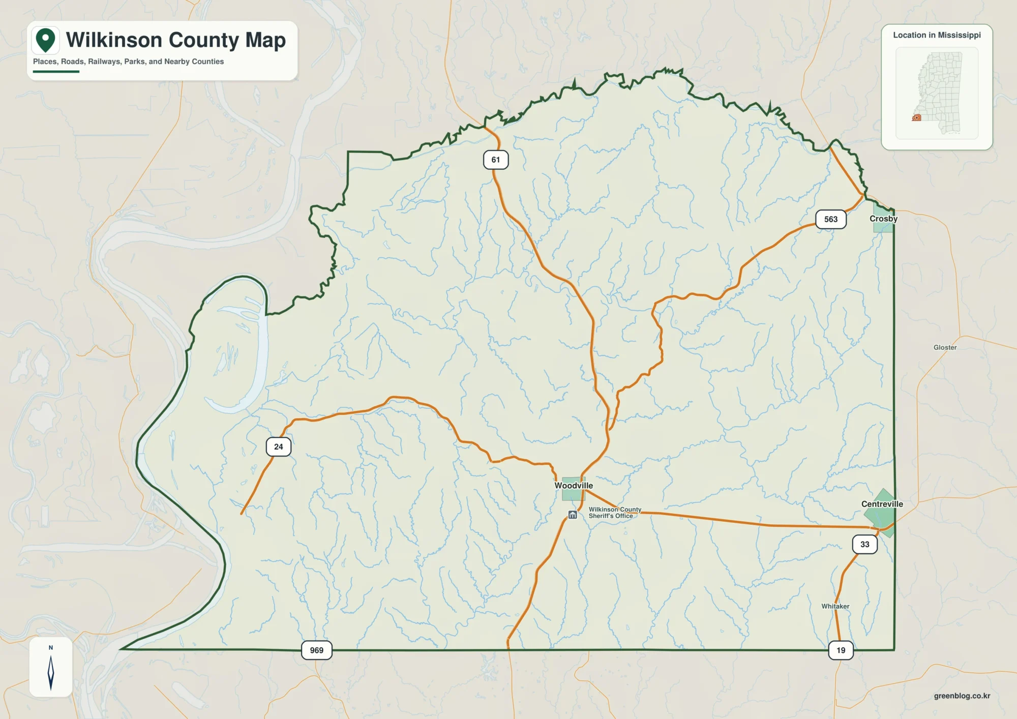 Wilkinson County Mississippi map showing Woodville, selected communities, roads, and landscape features