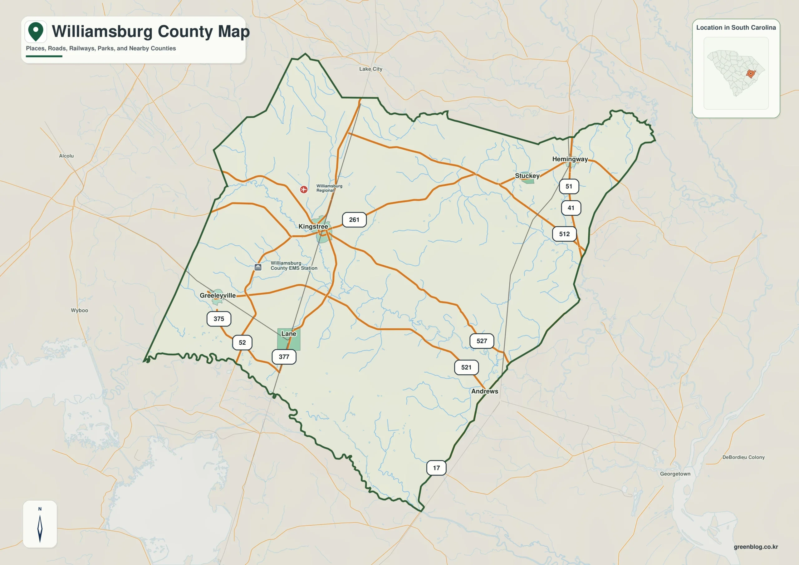 Williamsburg County South Carolina map with the county boundary and reference names for Kingstree and Hemingway