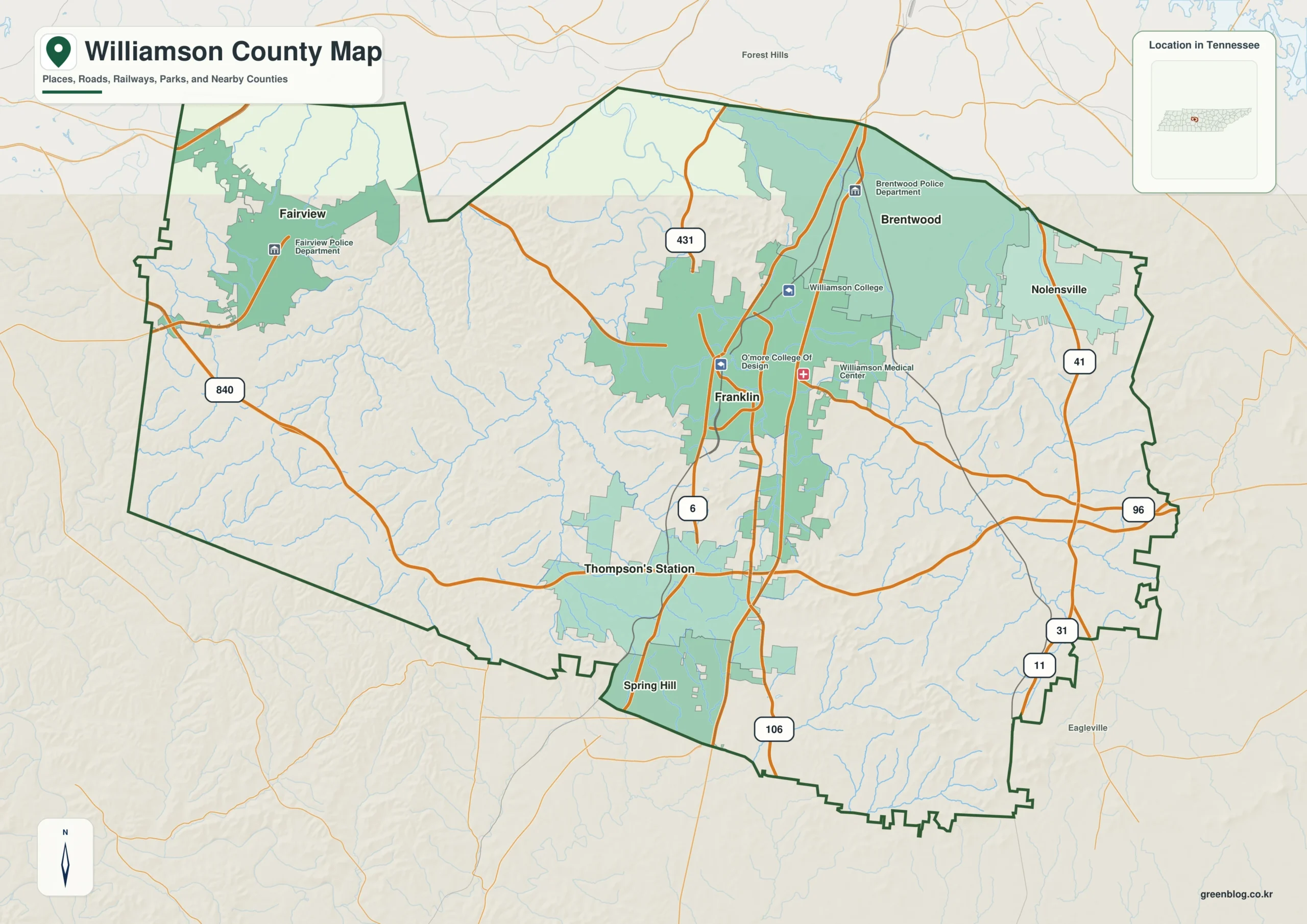 Williamson County Tennessee map showing Franklin, selected communities, roads, and natural features
