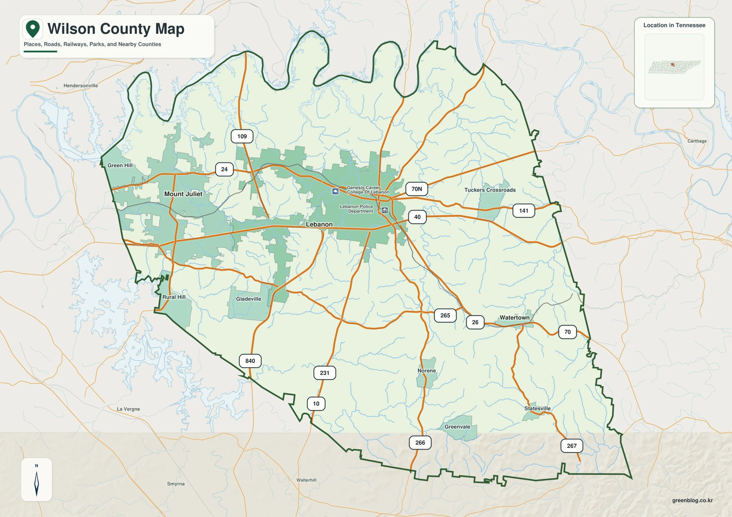 Wilson County Tennessee map showing Lebanon, selected communities, roads, and natural features