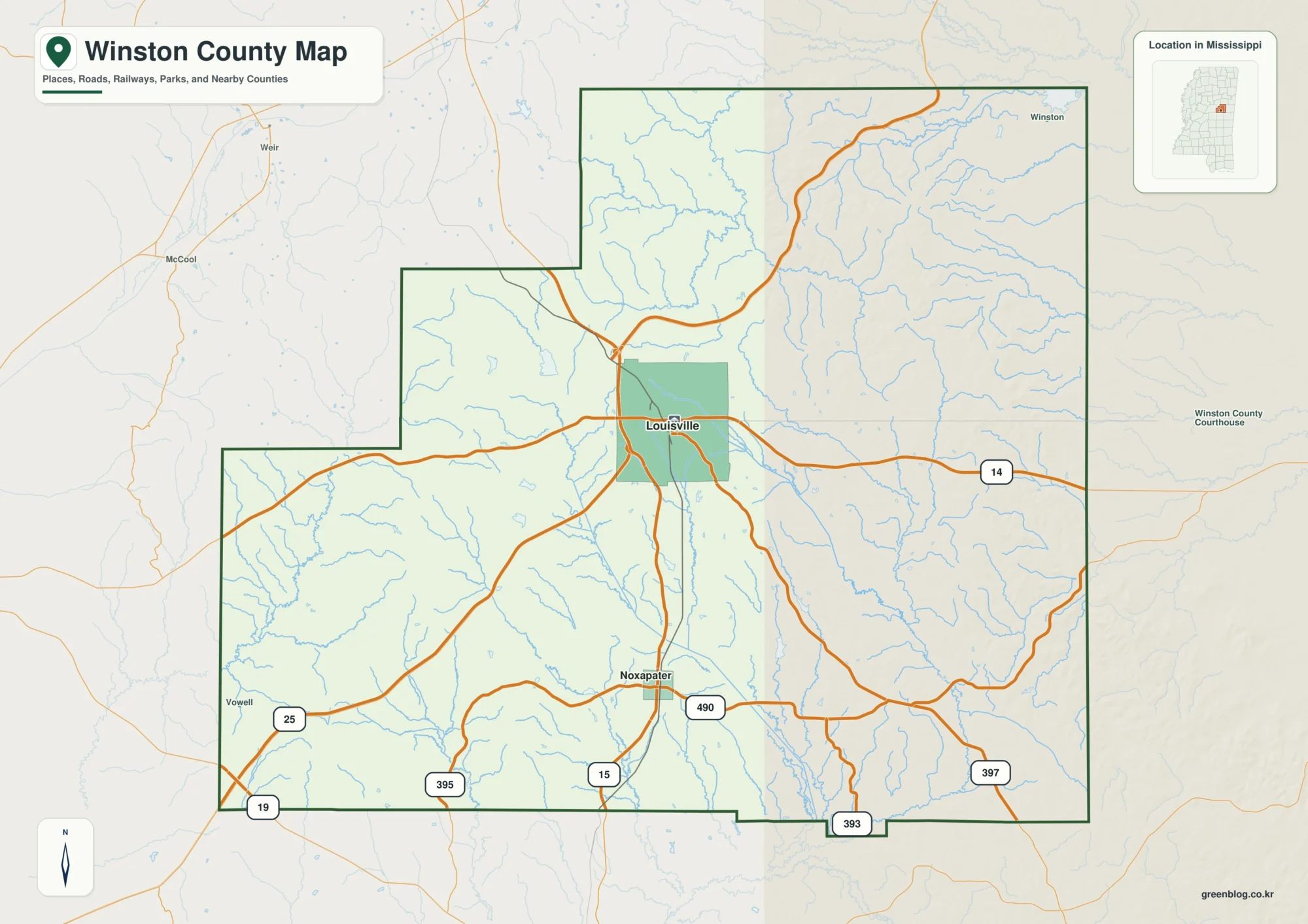 Winston County Mississippi map showing Louisville, selected communities, roads, and landscape features