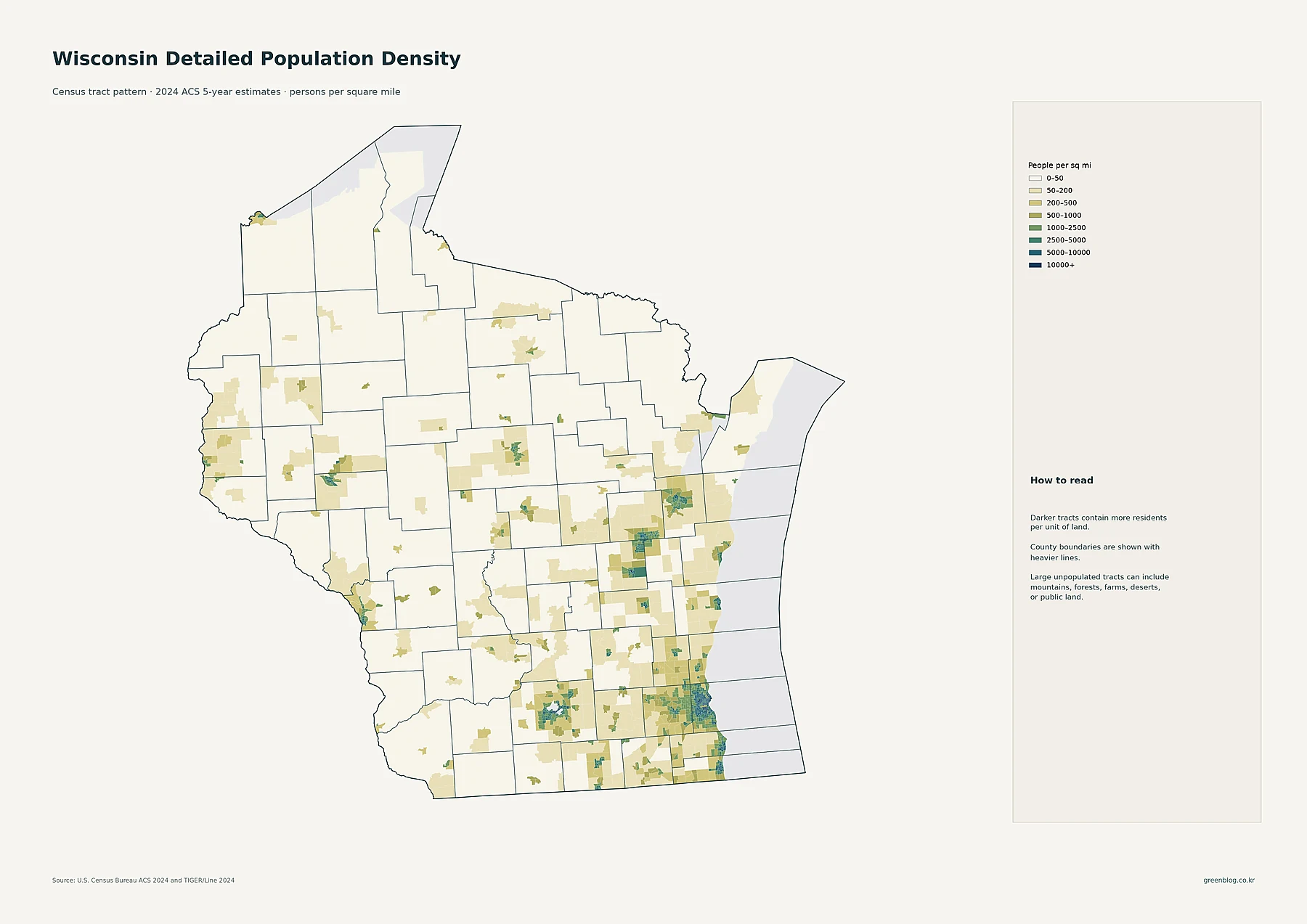 Wisconsin 2024 ACS census tract population density map