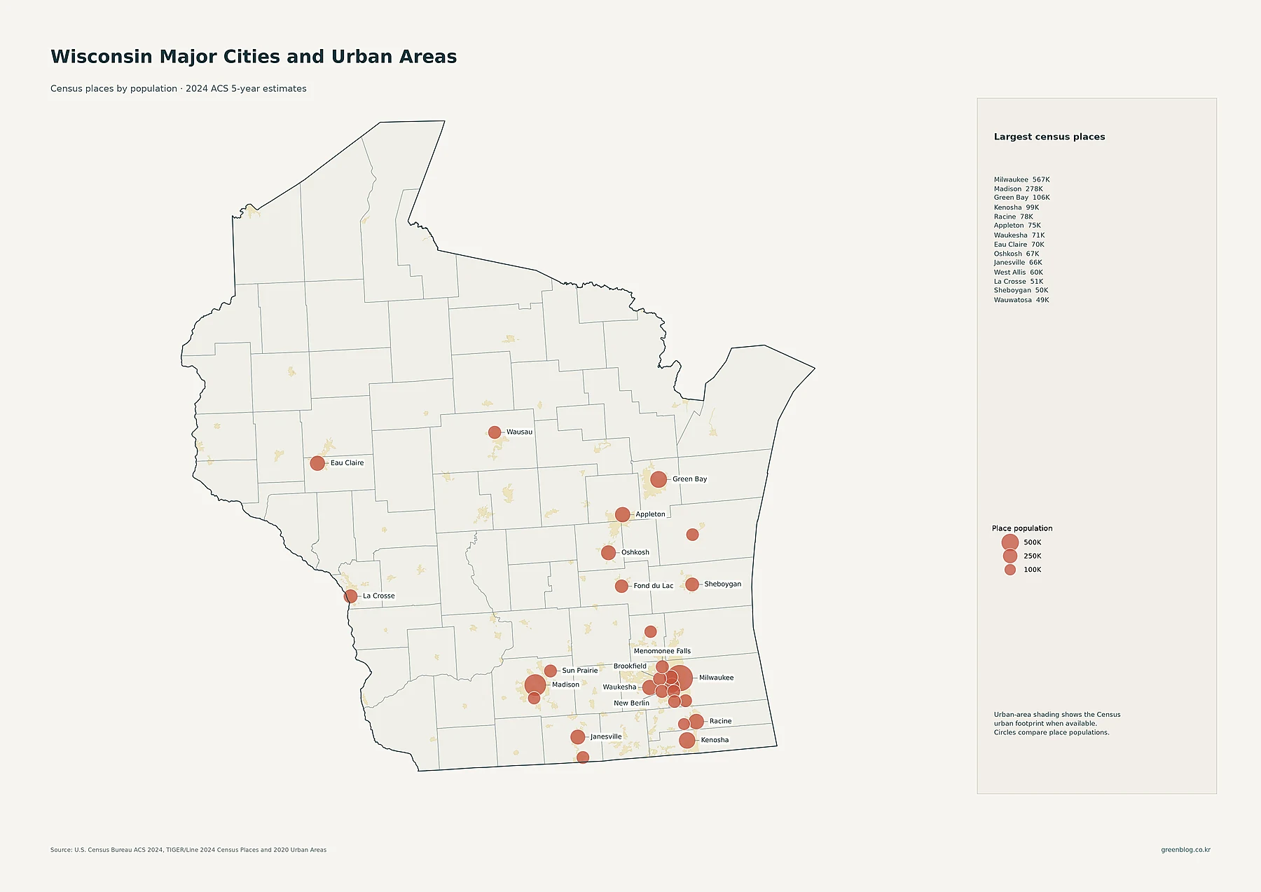 Wisconsin major cities and urban areas population map
