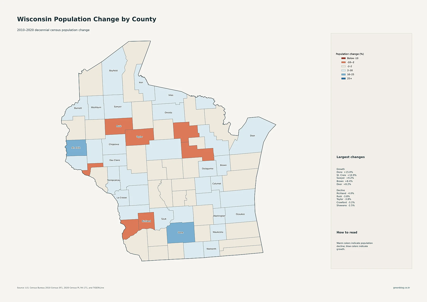 Wisconsin county population change map from 2010 to 2020
