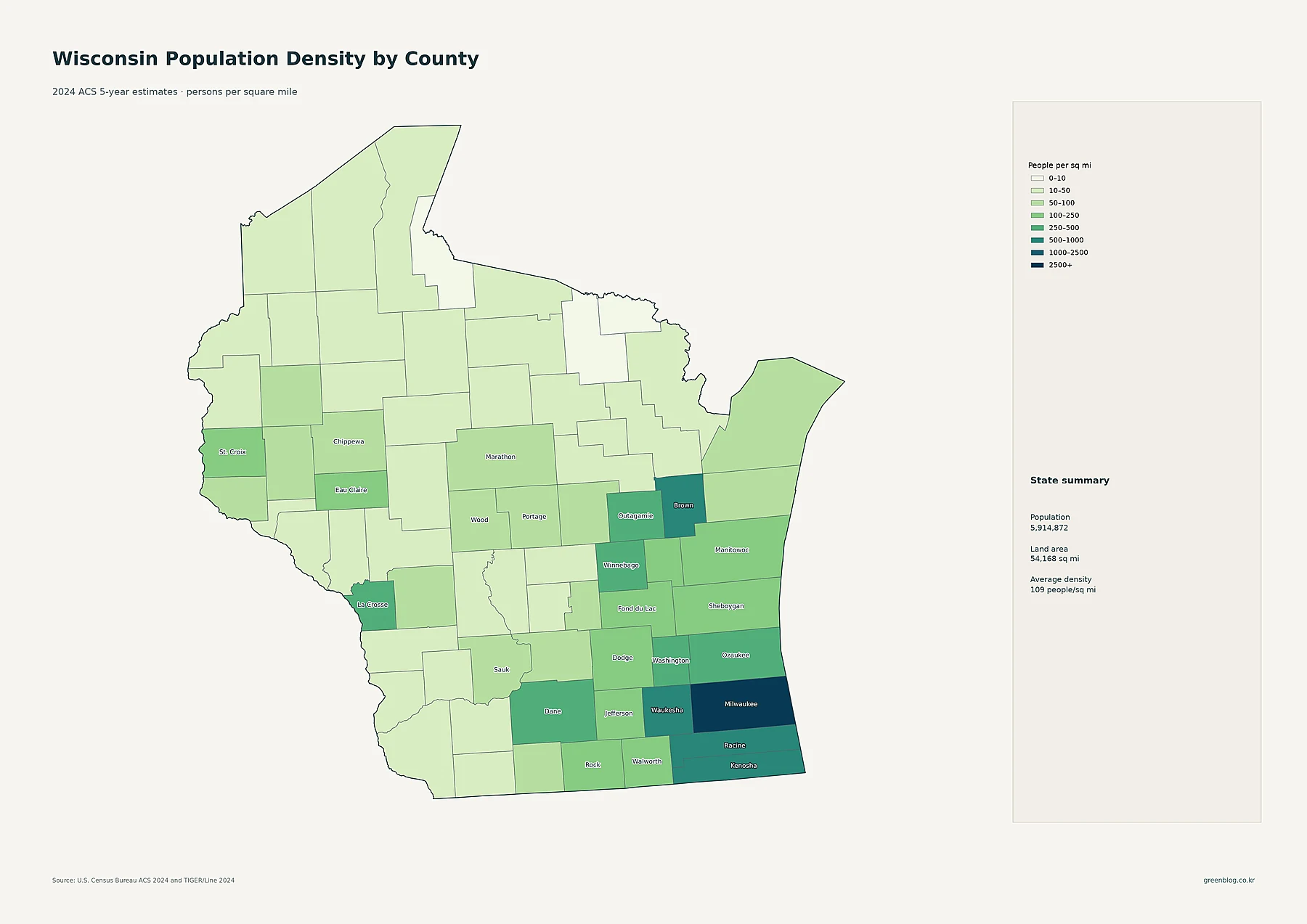 Wisconsin 2024 ACS population density by county map