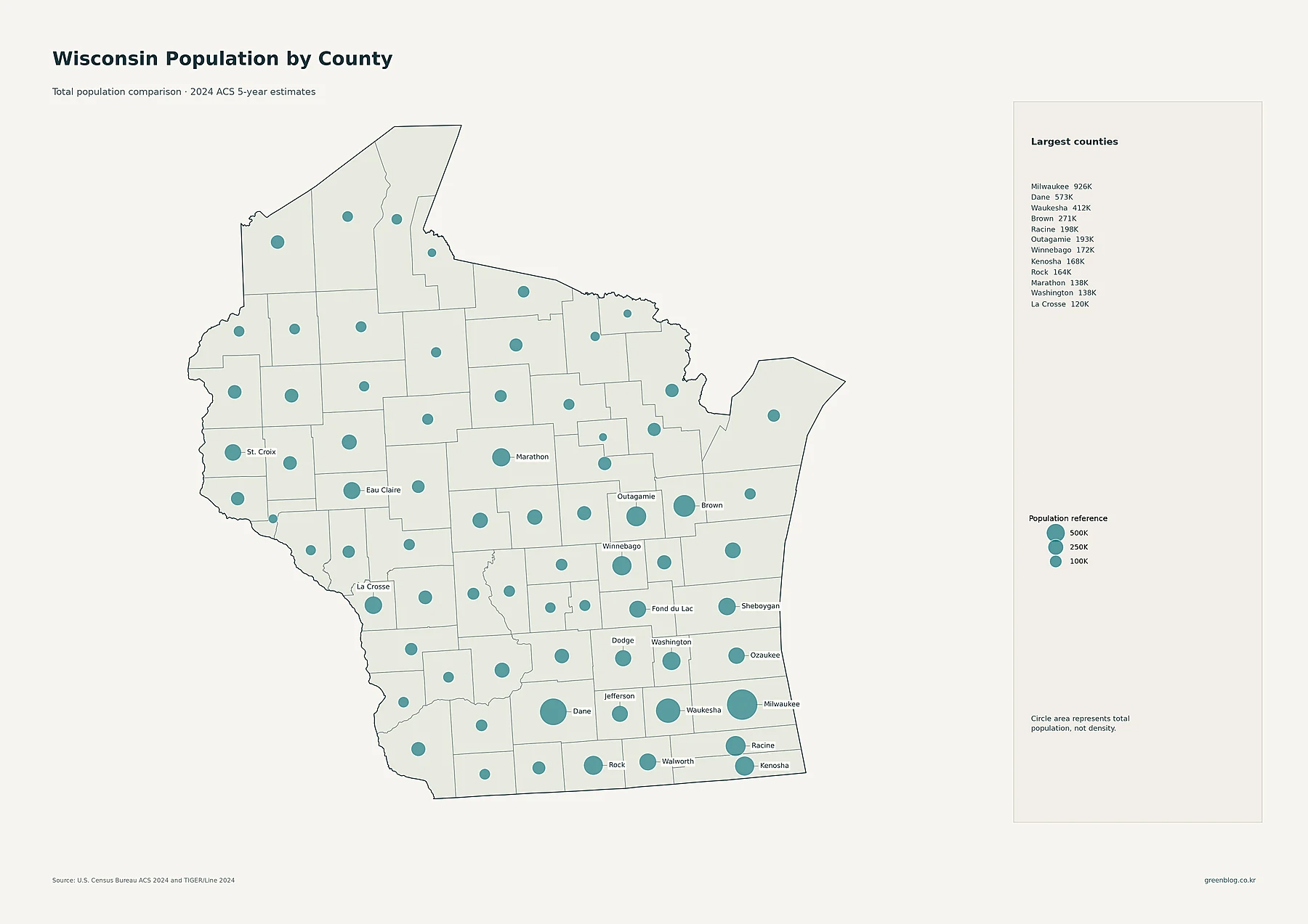 Wisconsin county population map using 2024 ACS estimates