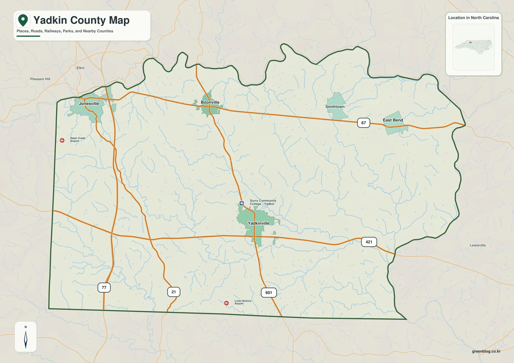 Yadkin County North Carolina map showing Yadkinville and Yadkin River