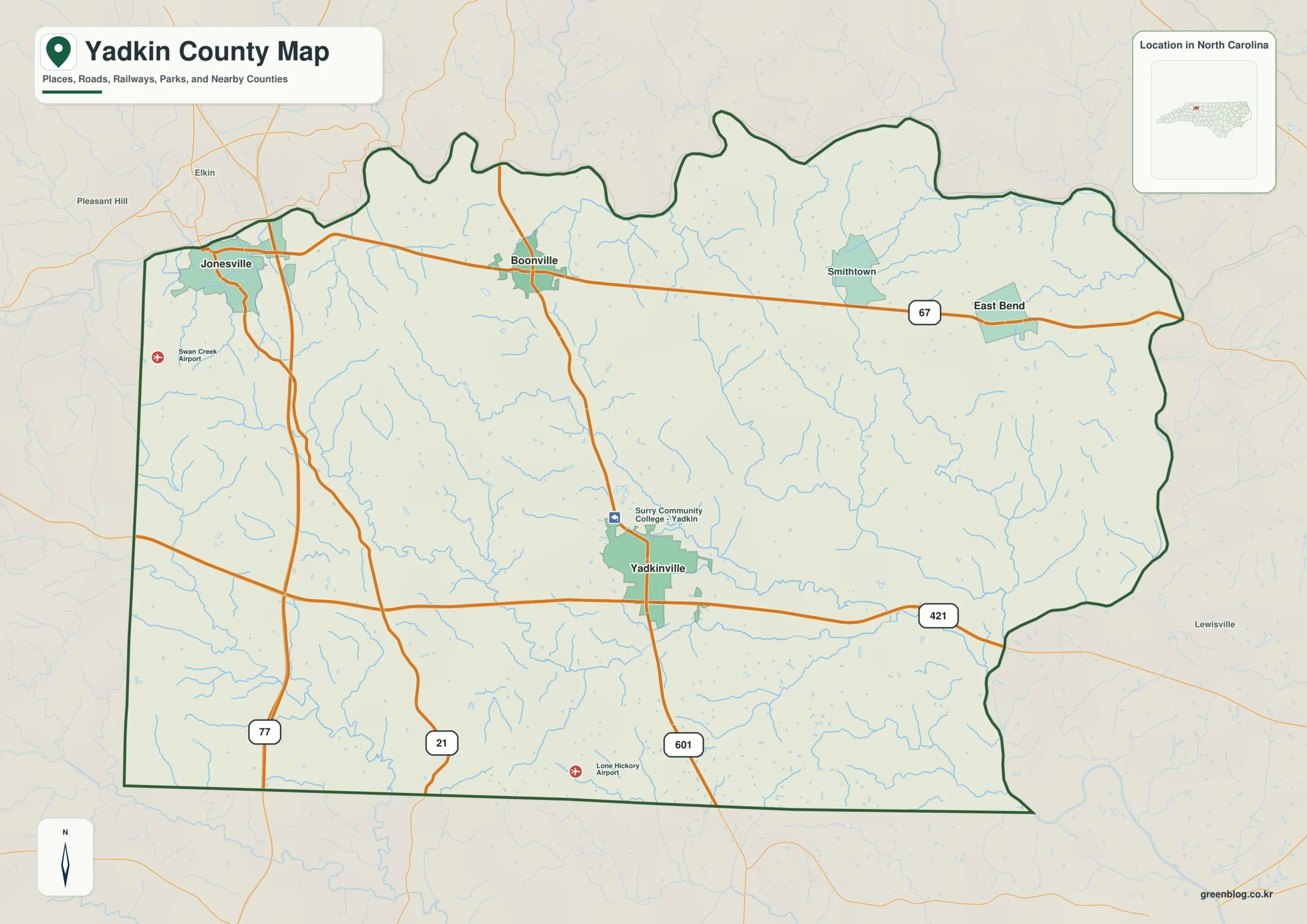 Yadkin County North Carolina map showing Yadkinville and Yadkin River