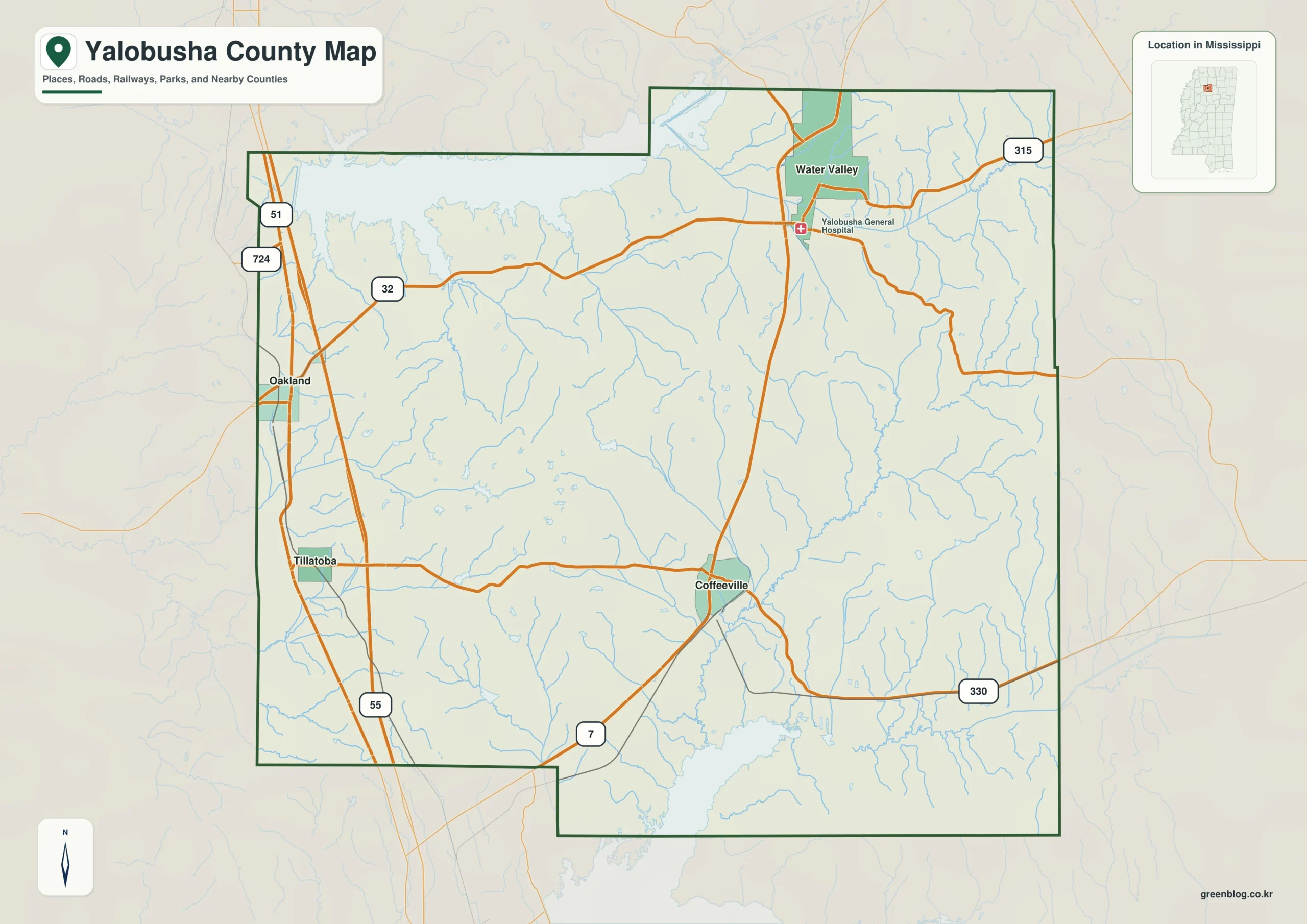 Yalobusha County Mississippi map showing Coffeeville and Water Valley, selected communities, roads, and landscape features