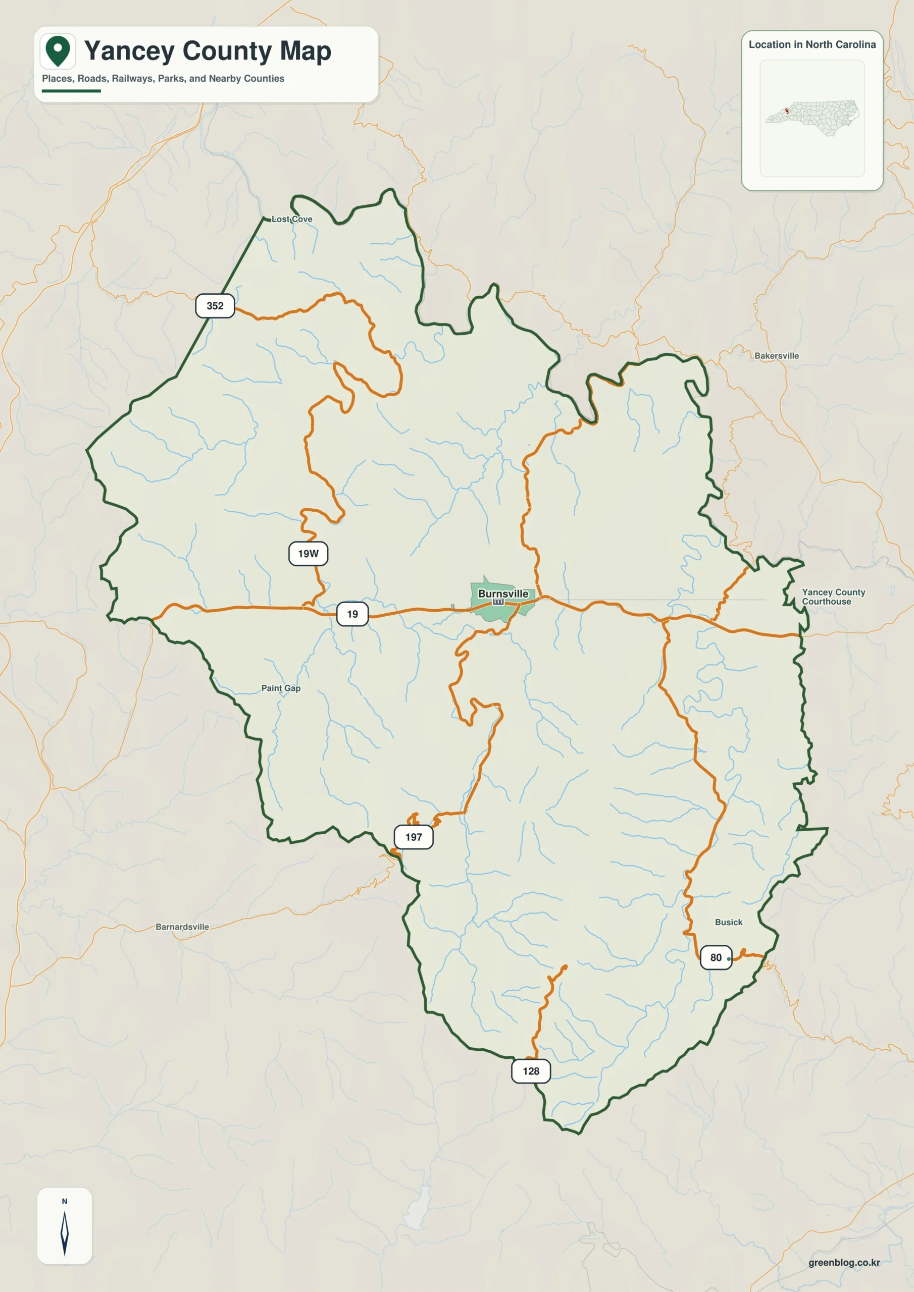Yancey County North Carolina map showing Burnsville and Mount Mitchell
