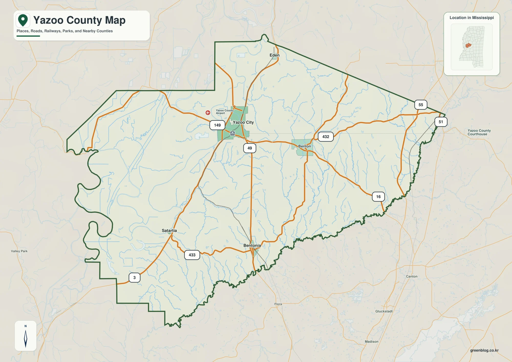 Yazoo County Mississippi map showing Yazoo City, selected communities, roads, and landscape features