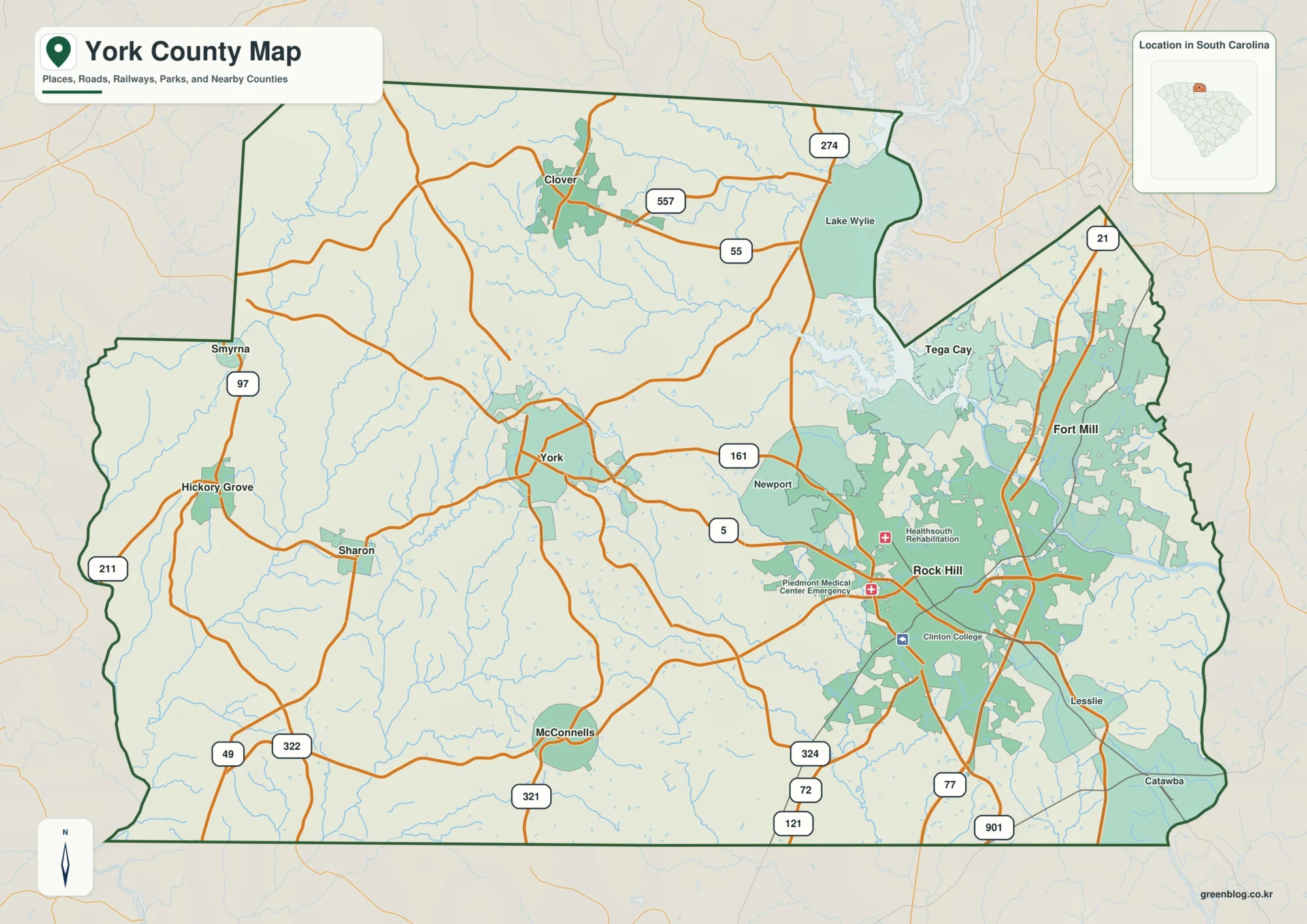 York County South Carolina map with the county boundary and reference names for York and Rock Hill