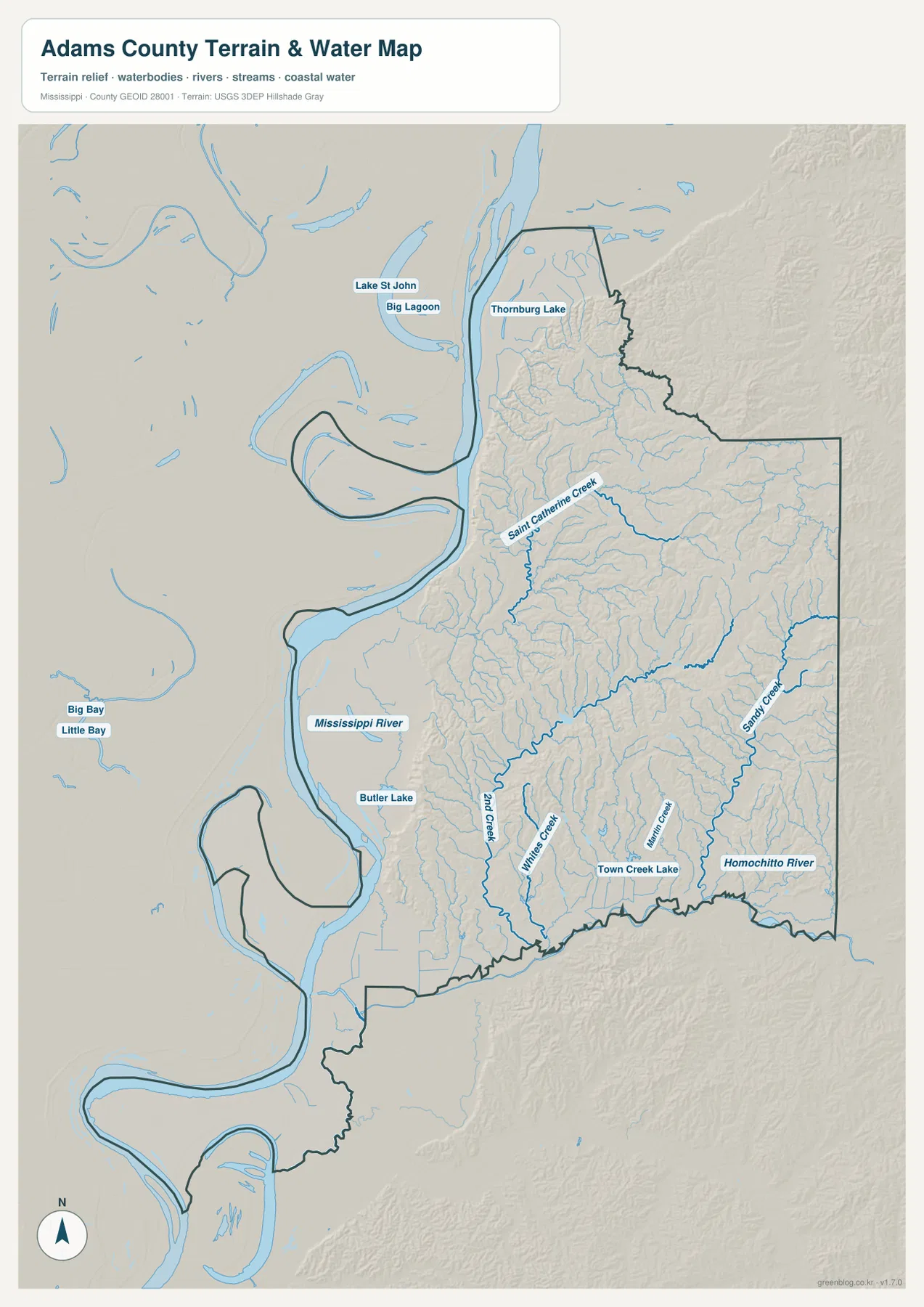 애덤스 카운티 수역 지도에서 Mississippi River, St. Catherine Creek, Homochitto River와 여러 지류를 표시한 모습