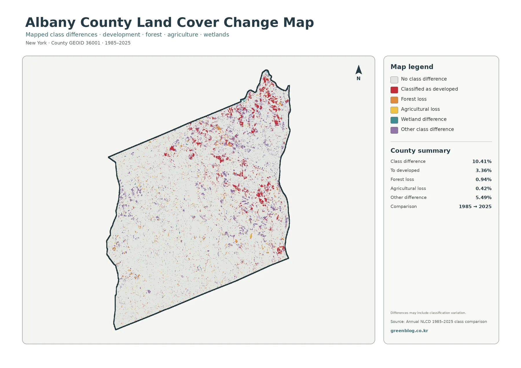 Albany County land cover change map from 1985 to 2025