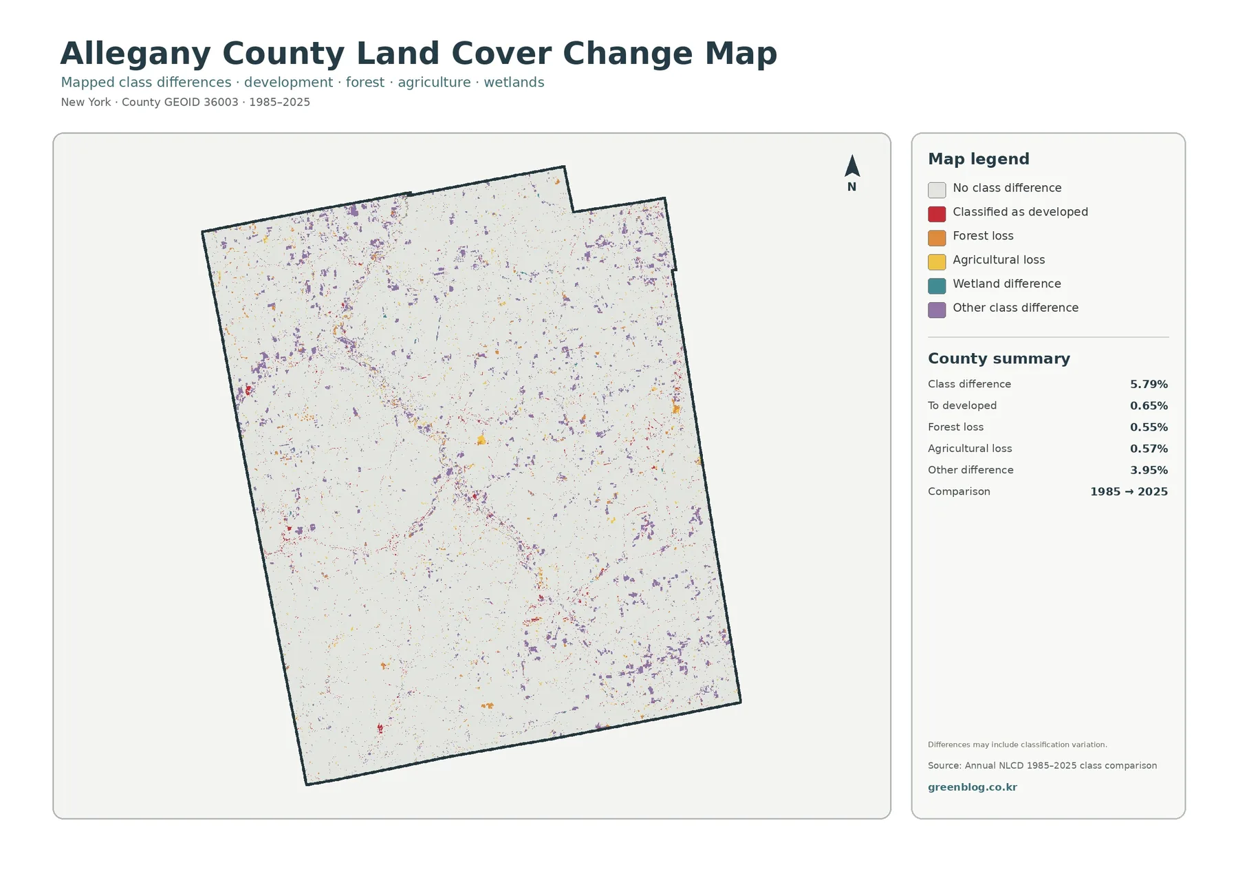 Allegany County land cover change map 1985 to 2025
