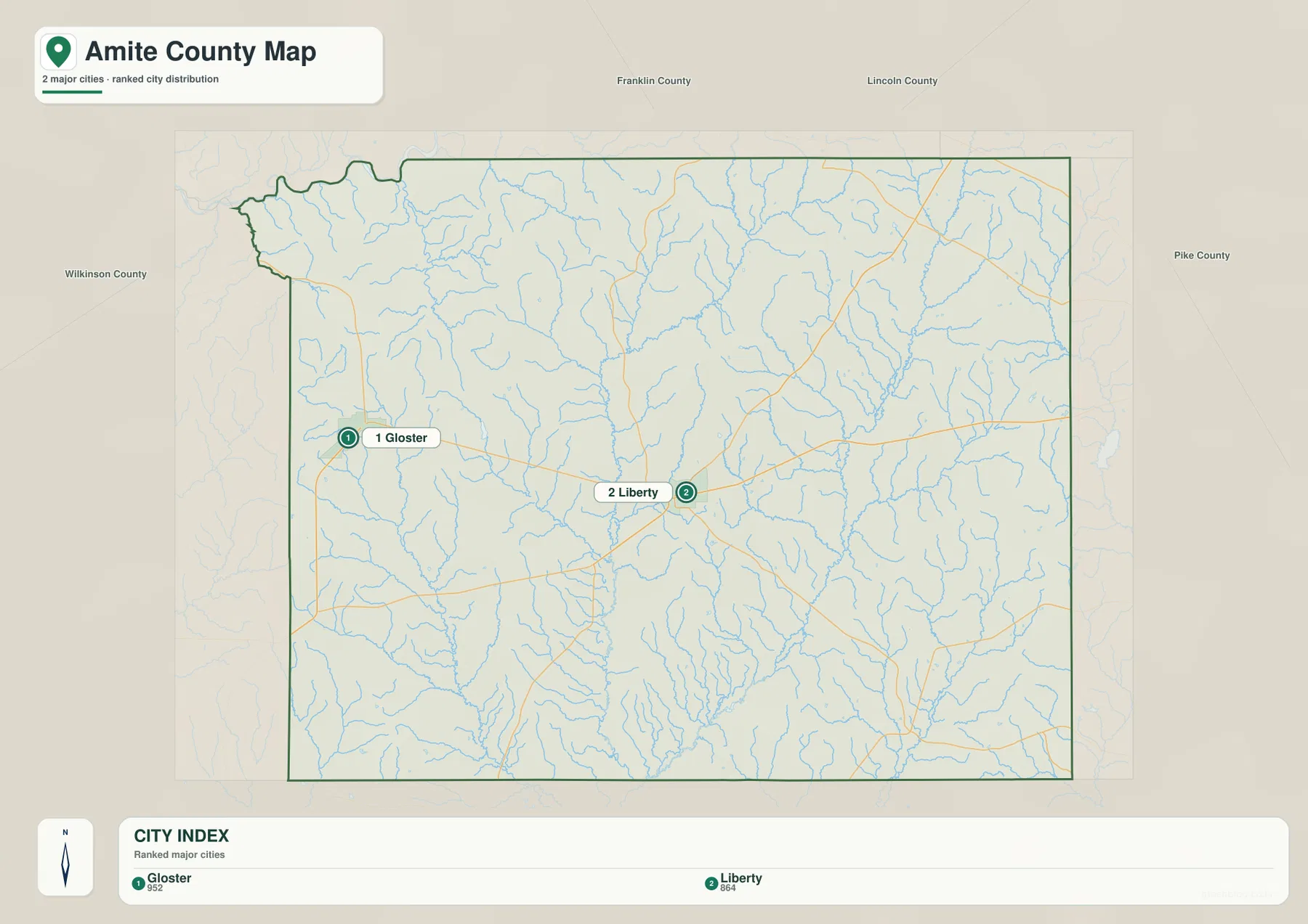Amite County city map showing Gloster and Liberty