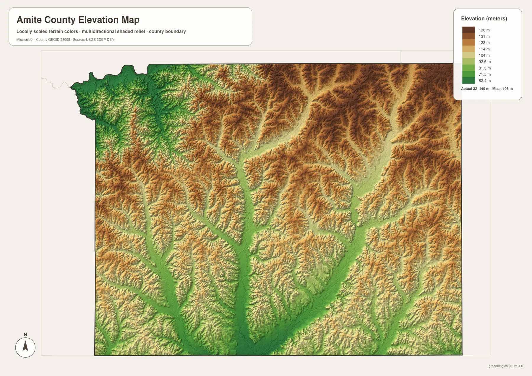 Amite County elevation map showing terrain from about 32 to 149 meters
