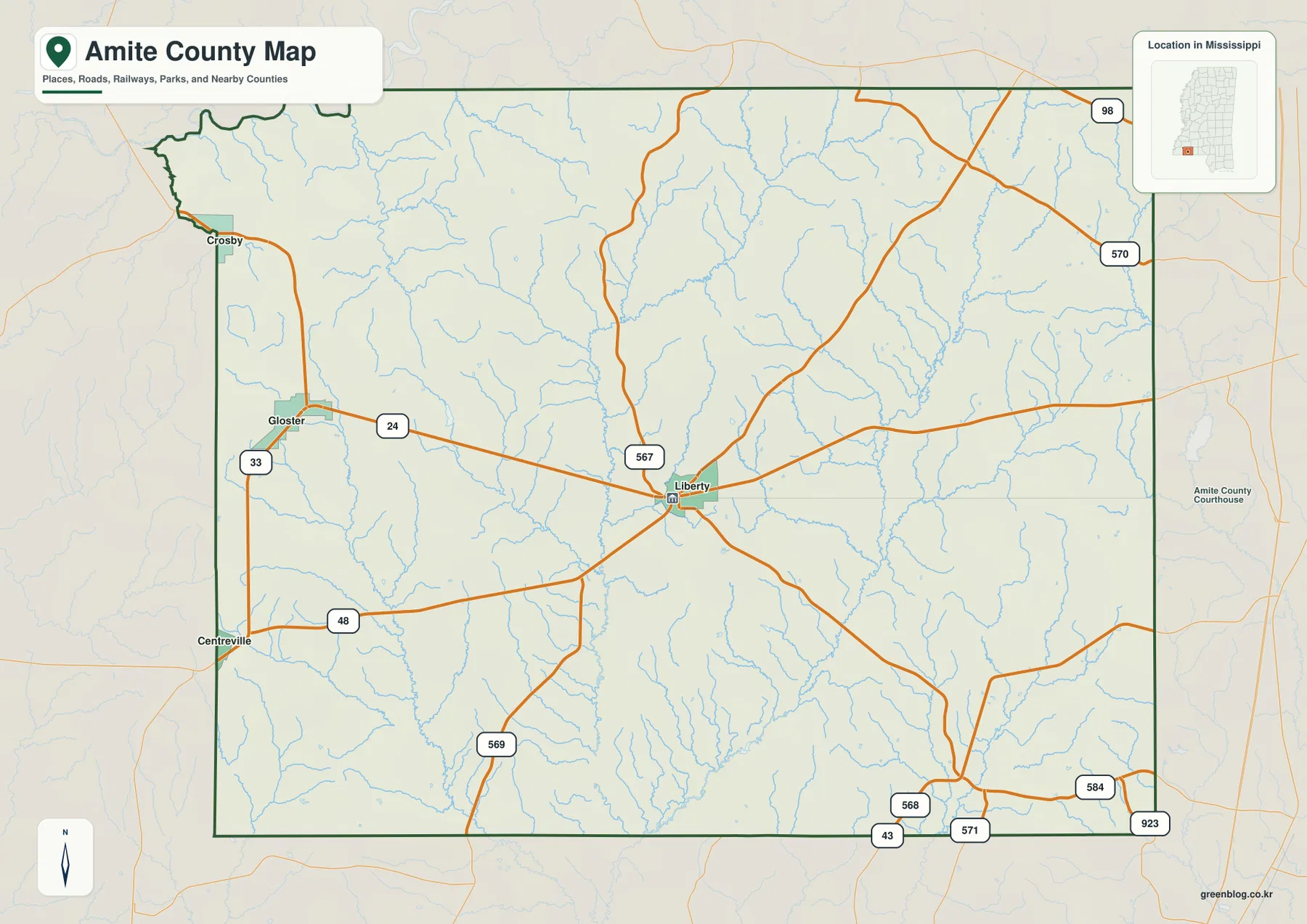 Amite County Mississippi map with Liberty, Gloster, MS 24, roads, streams, and nearby counties