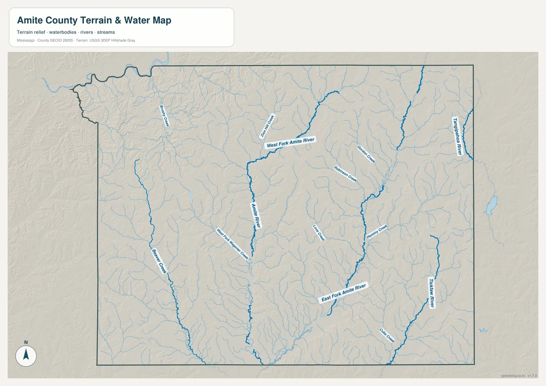 Amite County terrain and water map with West Fork Amite River, East Fork Amite River, Hominy Creek, and other streams