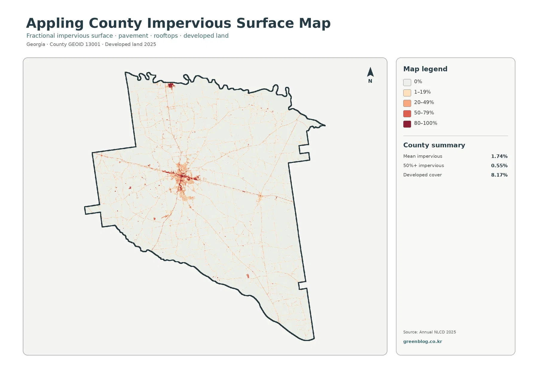 Appling County impervious surface and developed land map