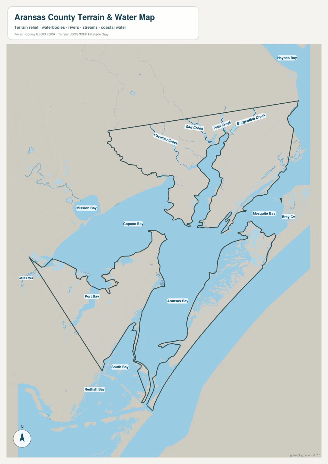 Copano Bay, Aransas Bay, Mesquite Bay, Port Bay와 여러 creek이 표시된 아란사스 카운티 수역 지도