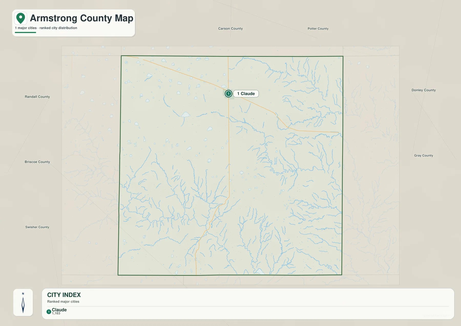 Armstrong County city map showing Claude as the ranked major city