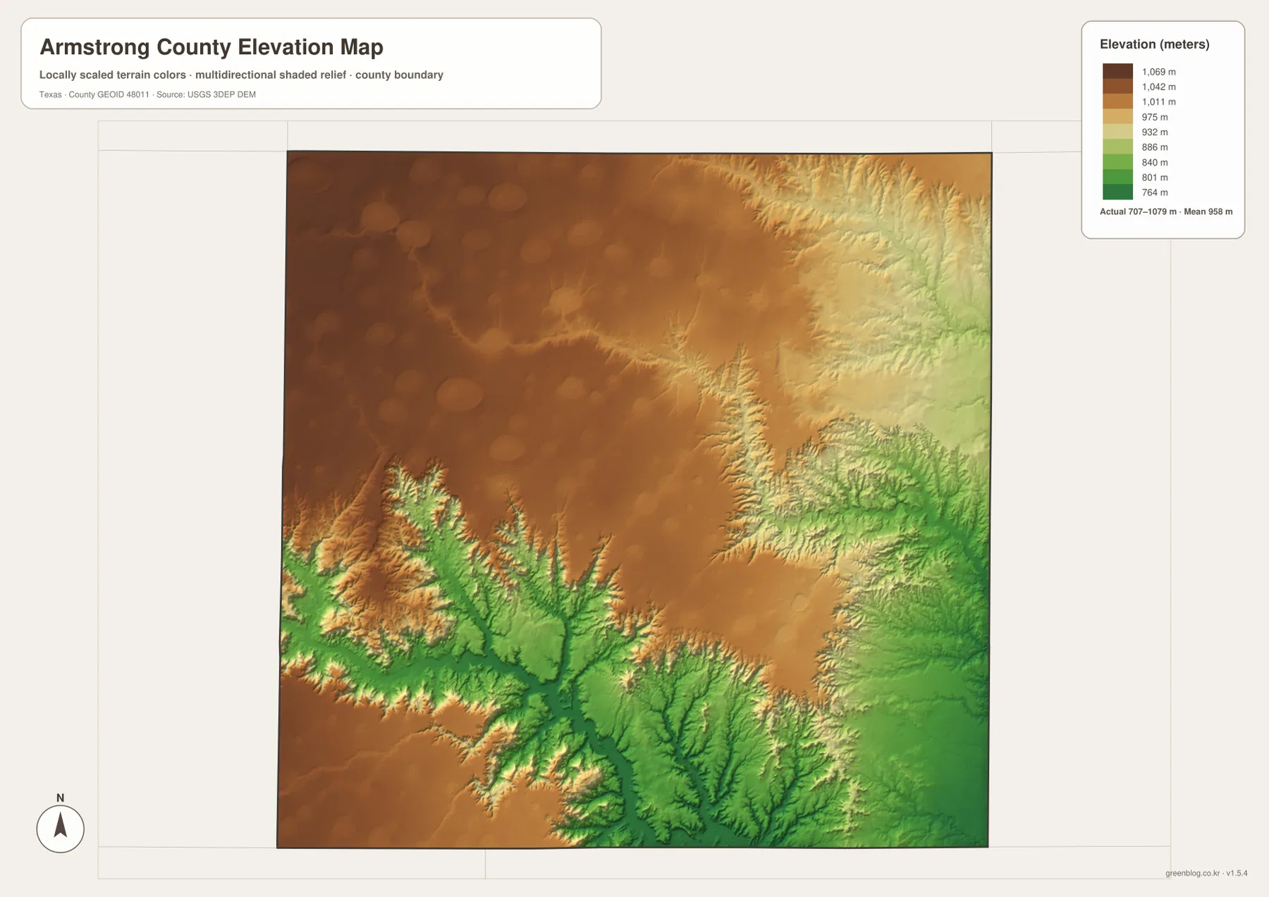 Armstrong County elevation map showing a 707 to 1079 meter range and lower Palo Duro canyon terrain