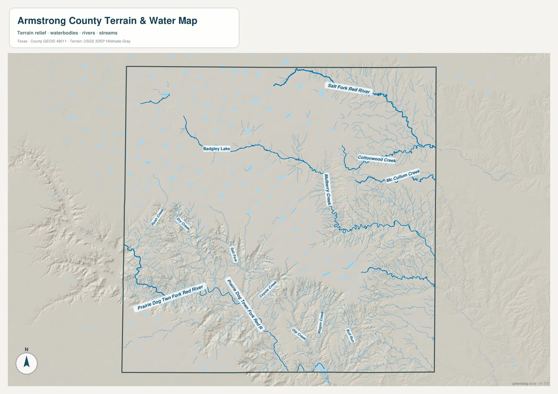 Armstrong County water map showing Salt Fork Red River, Prairie Dog Town Fork Red River and named creeks