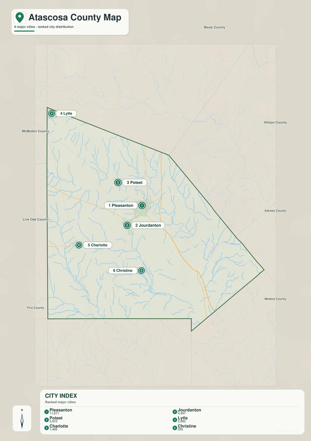 Atascosa County city map showing Pleasanton, Jourdanton, Poteet, Lytle, Charlotte, and Christine